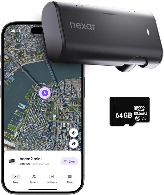 Nexar Beam2 Mini Dash Cam Car Camera 64GB Storage 24H Parking Mode Wide Angle FHD Lens Wireless Dash Camera for Cars Includes $25 OBD Hardwire Kit for Continuous Power
