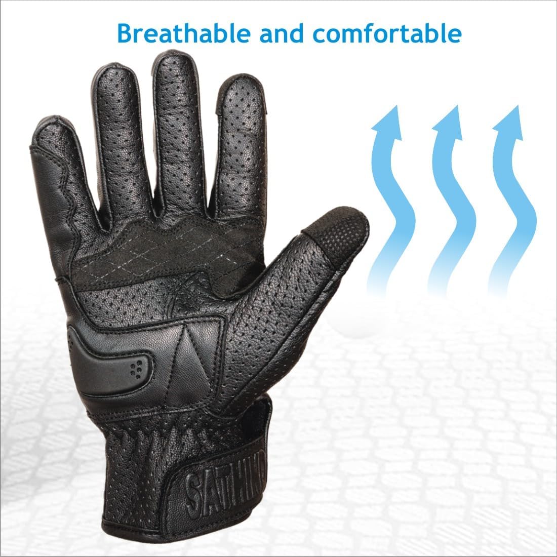 Leather Motorcycle Gloves for Men and Women | Touchscreen | Full Finger | Goatskin Leather Hard Knuckle Motorcycle Riding Gloves (Perforated, Medium)