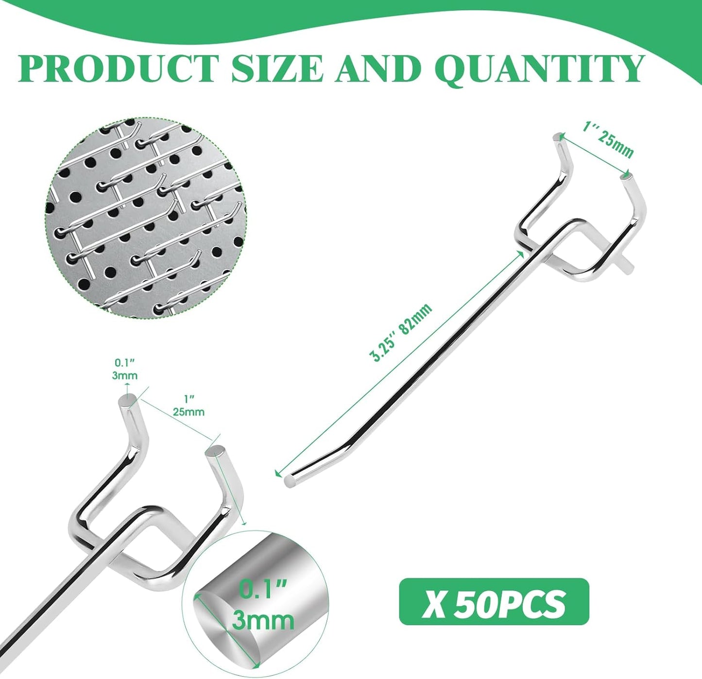50Pcs 4"/10CM Pegboard Hooks Assortment Set, Metal Peg Board Hooks with 2.5mm Hole Pitch 4mm Wire Diameter Slatwall Hanging Hook for Garage Organization Wall Hanging (Silver)