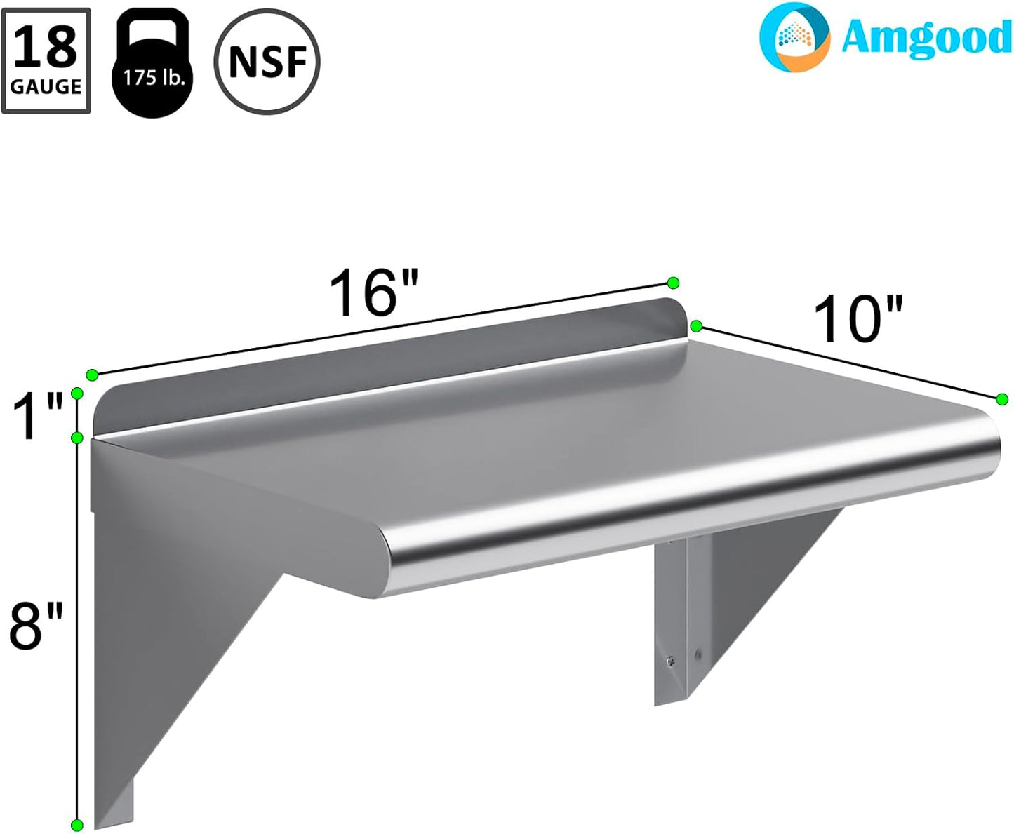 AmGood 10" X 16" Stainless Steel Wall Shelf | Metal Shelving | Garage, Laundry, Storage, Utility Room | Restaurant, Commercial Kitchen | NSF