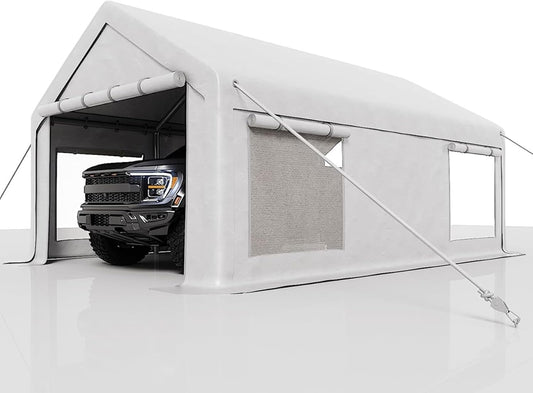 13 x 25FT Heavy Duty Carport with Roll-Up Windows, Portable Garage with Removable Sidewalls & Doors, Portable Car Tent Garage with Roll-Up Windows and All-Season Tarp, for Car, Truck,