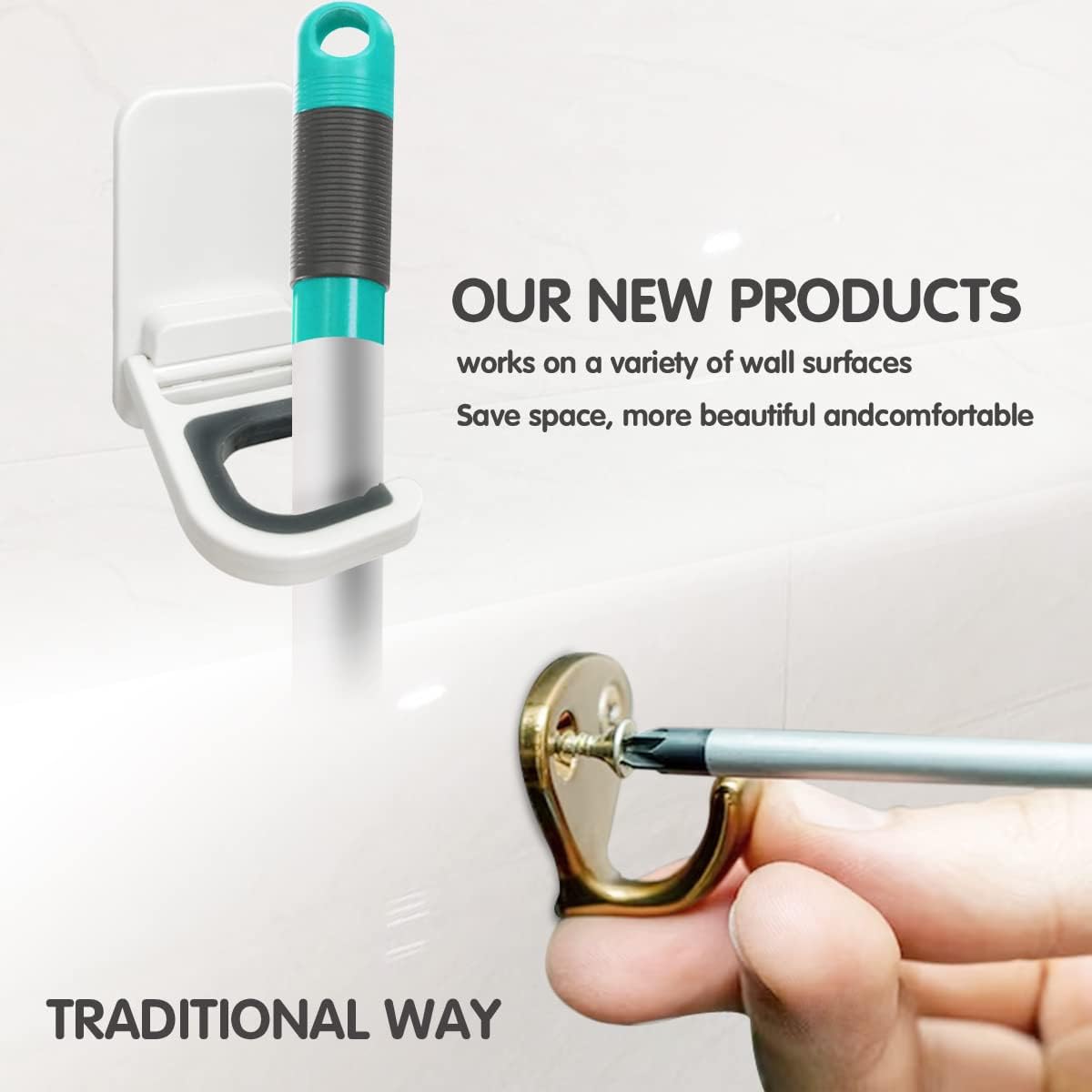 3Pack Broom and Mop Holder Wall Mount, Grippers No Drilling Self Adhesive, Anti-Slip Mop Handle Hanger Dustpan House hold Cleaning Organizer Rack Wall Mounted Utility Rack