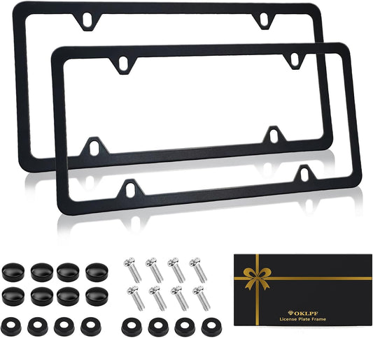 OKLPF Black Matte License Plate Frames 2 Pack,License Plate Holder with 4 Holes, License Plate Cover, Come with Screw Cap, Screw,Washer