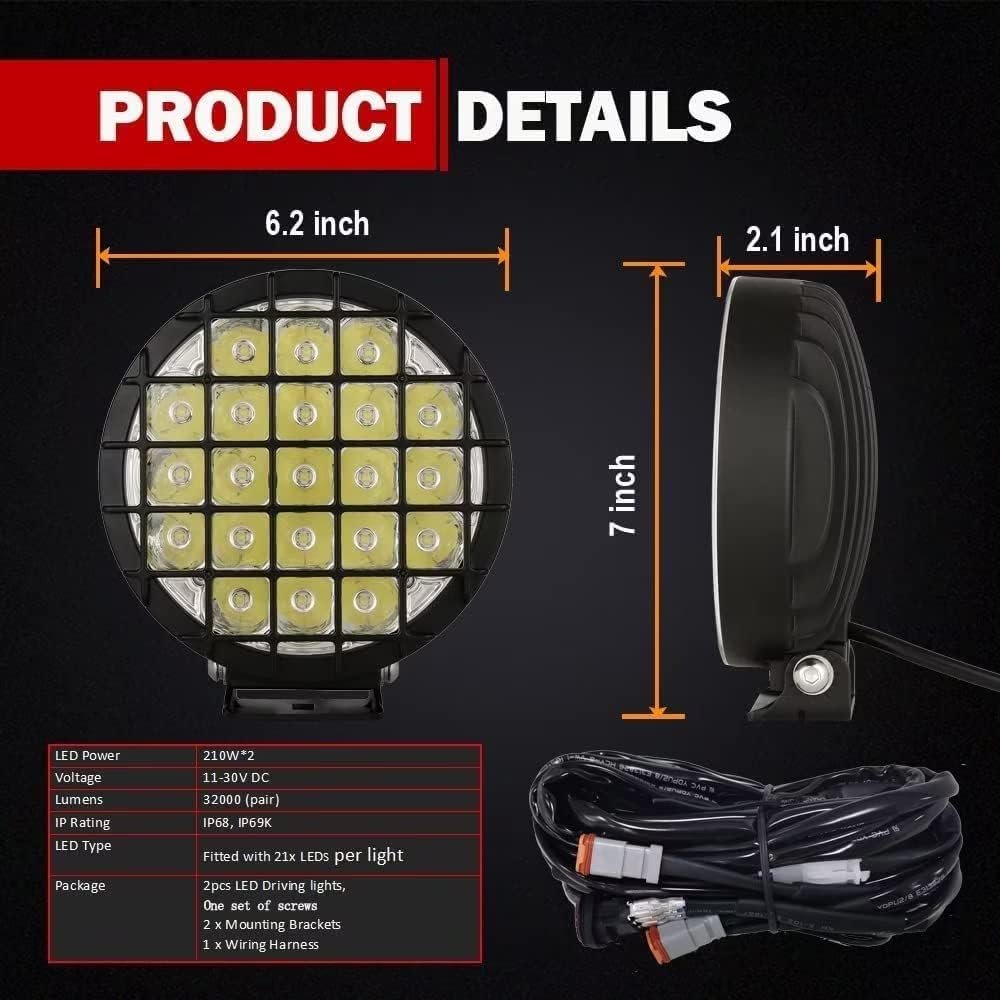 BIGLION.X 6-Inch Round LED Offroad Light 2pcs 210W 32000LM Super Bright Spot Driving Light With Wiring Harness Waterproof IP68 12V 24V for Pickup Trucks UTV SUV