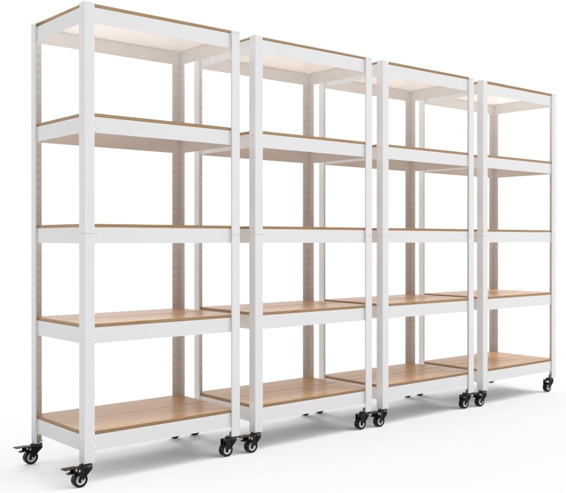 HOMEDANT House White 5-Tier Metal Rolling Cart Shelf Rack Casters Heavy Duty Wheel Shelving Unit Adjustable Utility Storage Shelves Organizer Shelf Kitchen Garage 24.4" W x 16.5" D x 62.2" H 4Pack