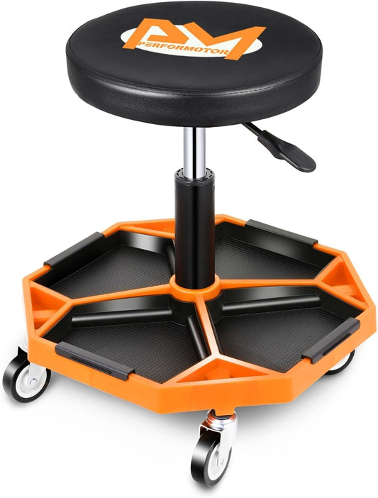 PM PERFORMOTOR Adjustable Height Pneumatic Garage Seat Rolling Mechanic Stool with Tool Tray Storage,300lbs Max Weight Capacity, Orange,PM-TOL-ATS-OG