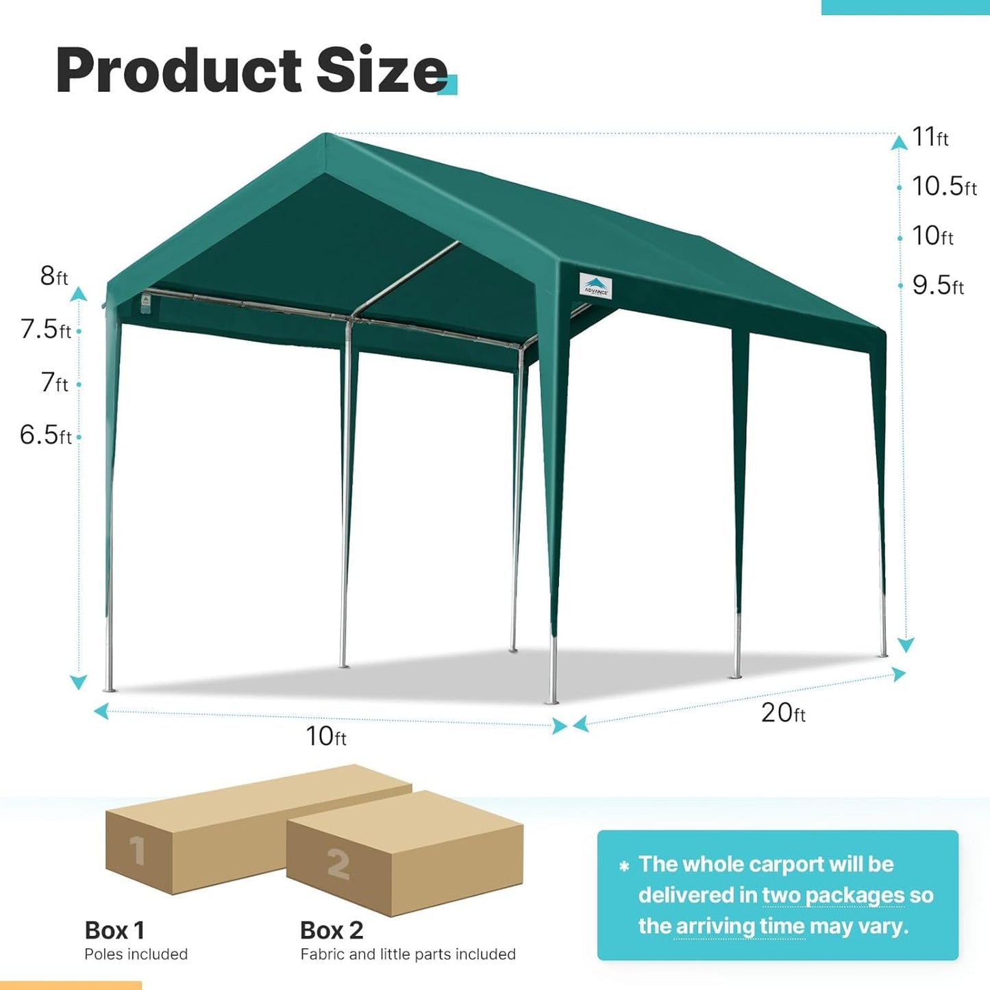 ADVANCE OUTDOOR Adjustable 10x20 ft Heavy Duty Carport Car Canopy Garage Boat Shelter Party Tent, Adjustable Height from 9.5 ft to 11 ft, Green