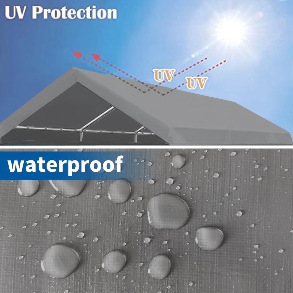 Rutile 10 x 20 FT Carport Replacement Cover - Heavy Duty Car Tarp Canopy Tent Garage Top Shelter With Fabric Leg Pole Skirts and Ball Bungees - Gray (Only Top Cover, Frame Not Included)