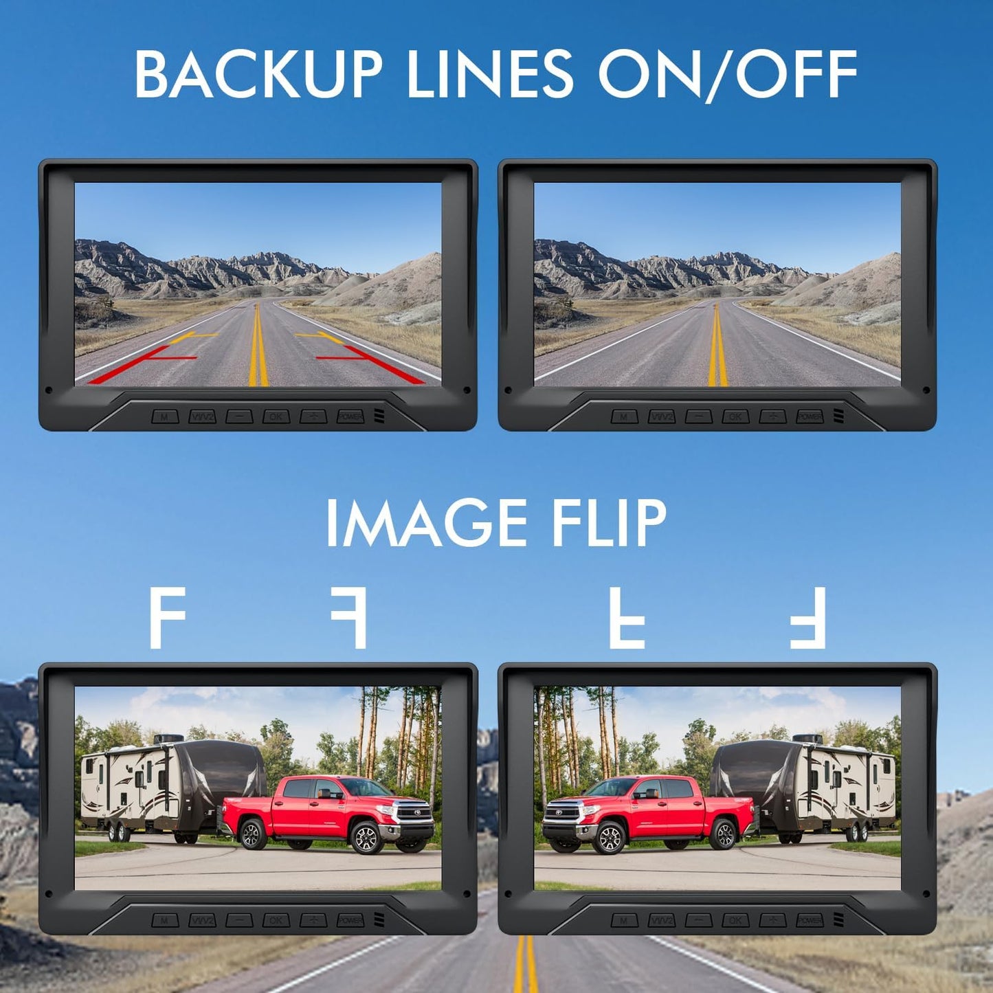 Dual RV Backup Camera Plug and Play, 7'' Backup Camera for Truck Trailer, No Delay, 1080P HD, 2 Channels, 150° Wide Angle, DIY Guide Lines, Night Vision, IP69 Rear View Camera