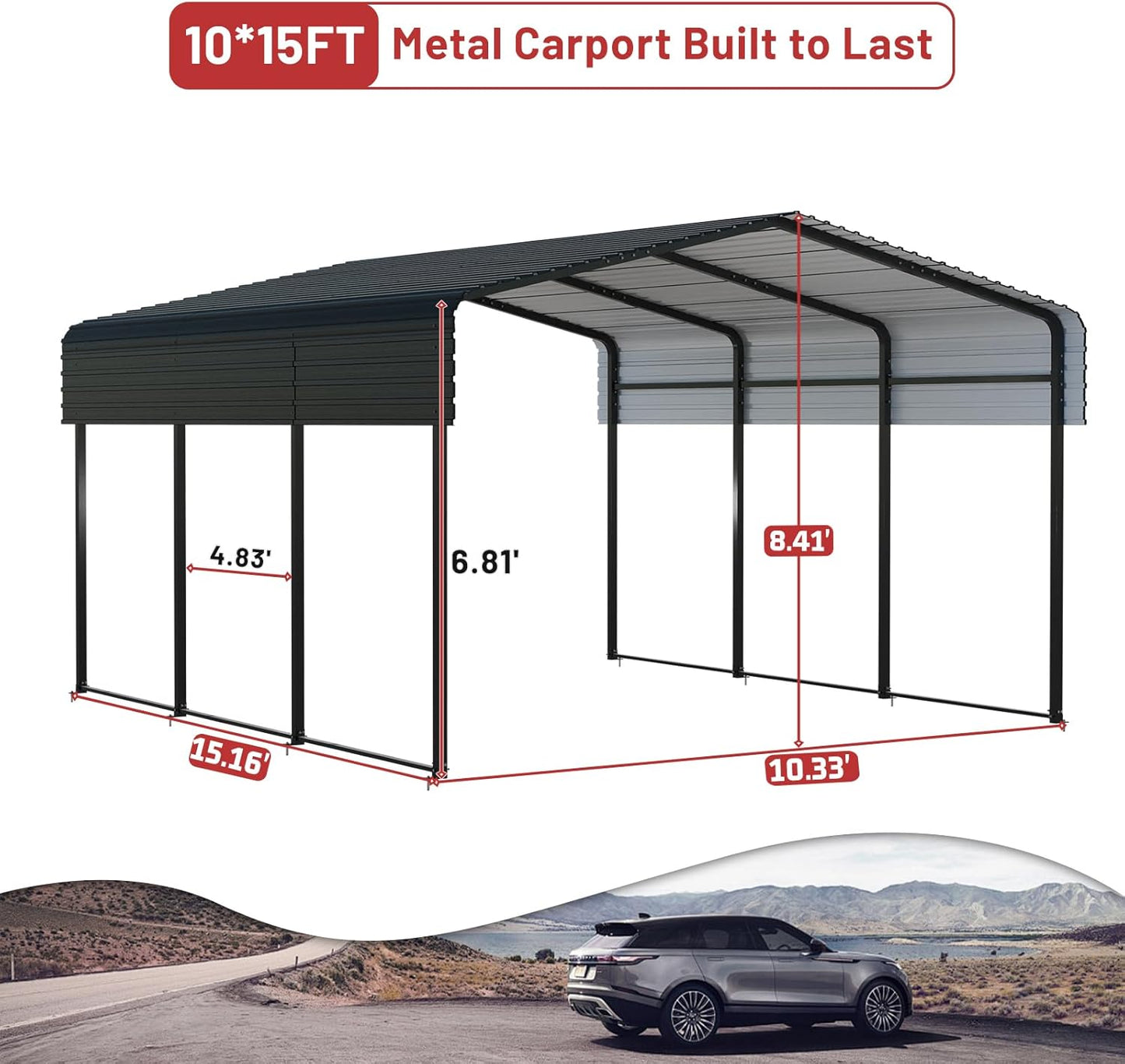 Metal Carport 10 x 15 FT with Heavy Duty Frame & Galvanized Steel Roof, Metal Car Garage, Sturdy Canopy Shelter for Car, Truck, Pickup, SUV, Tractor, and Boat