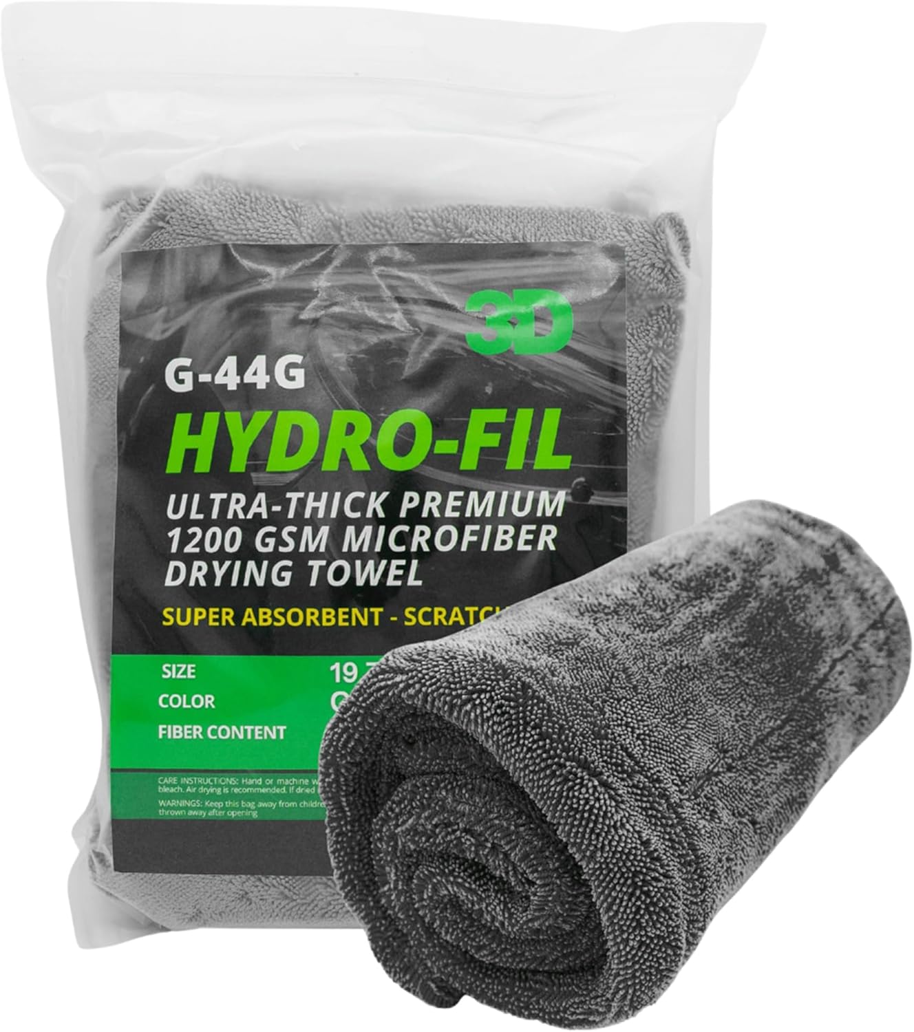 3D Hydro-FIL XL | Professional Grade Microfiber Towel | Extra Large 20” x 31.5” | Highly Absorbent | Premium Drying Cloth for Car Detailing (Grey)