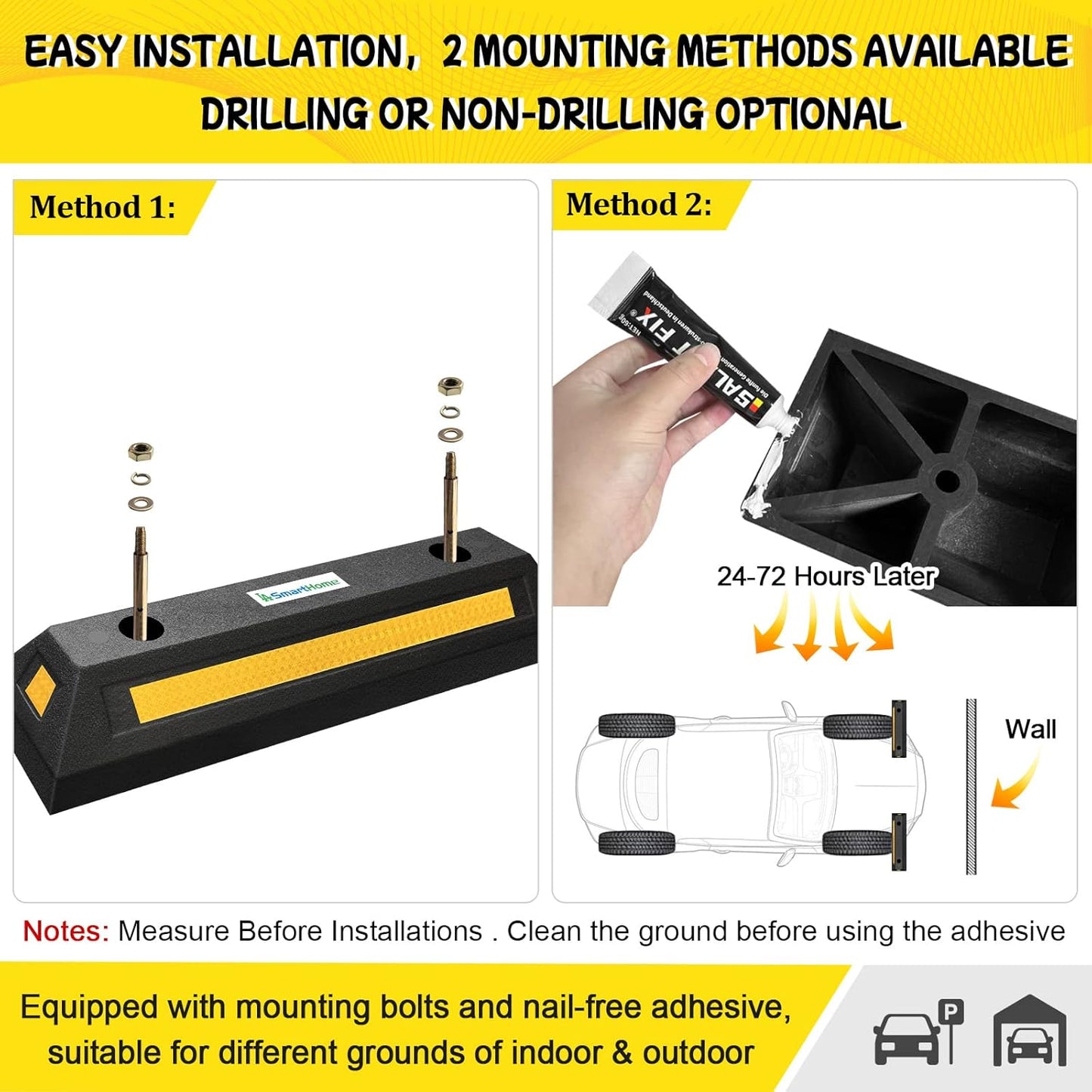 Car Parking Stopper – 2PCs Heavy Duty Rubber Curb Car Stop for Garage and Driveway, Parking Aid, 18” Tire Wheel Stop for Cars, Vans, Trucks – Prevents Hitting Wall or Barrier – Easy Installation