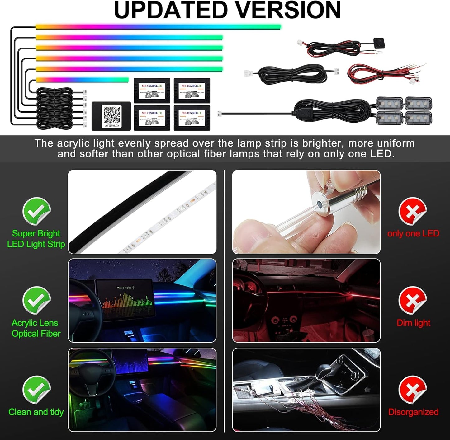 Dreamcolor Acrylic Interior Car LED Strip Light with Wireless APP, RGB 10 in 1 with 175 inches 593 LEDs Fiber Optic Ambient Lighting Kits, 16 Million Colors Sound Active Function Car Neon Lights