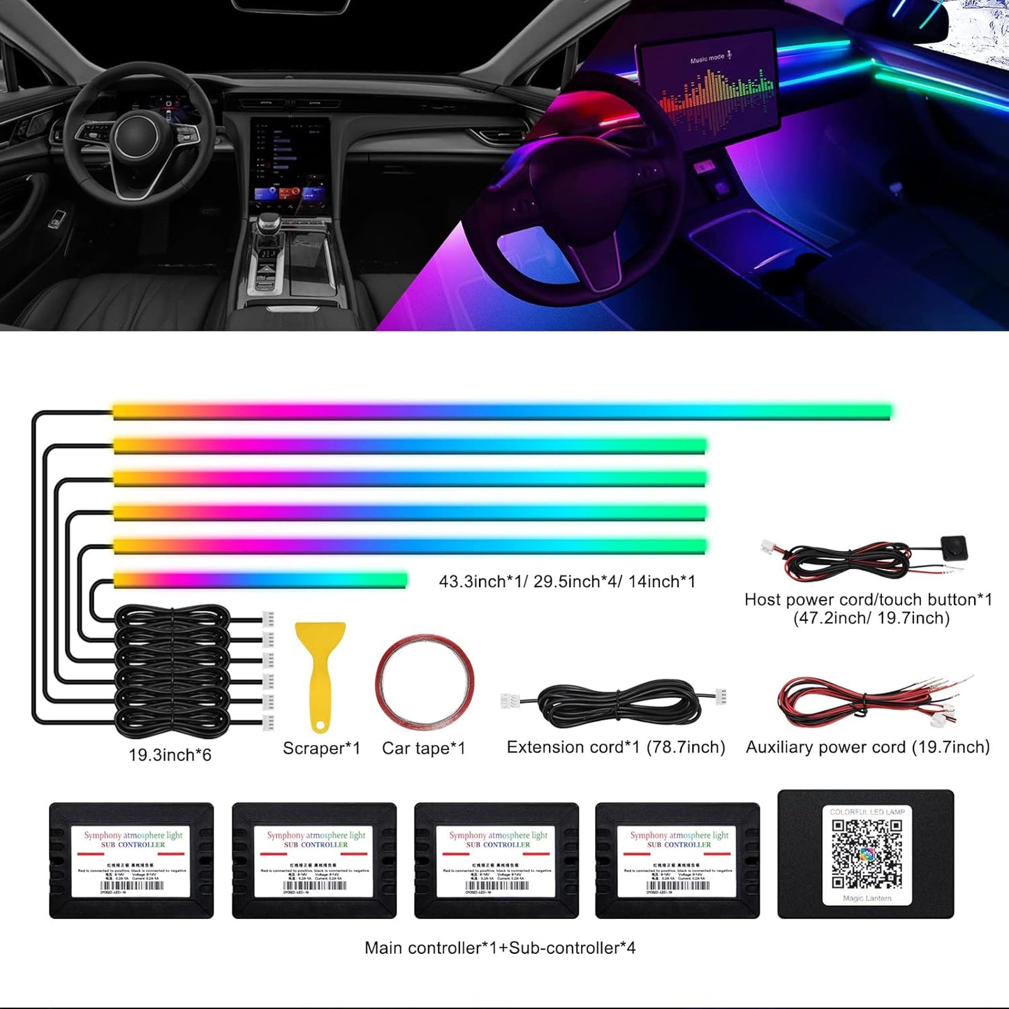 Acrylic Interior Car LED Strip Light with Wireless APP, RGB Dreamcolor 6 in 1 with 175 inches 593 LEDs Fiber Optic Ambient Lighting Kits, 16 Million Colors Sound Active Function Car Neon Lights
