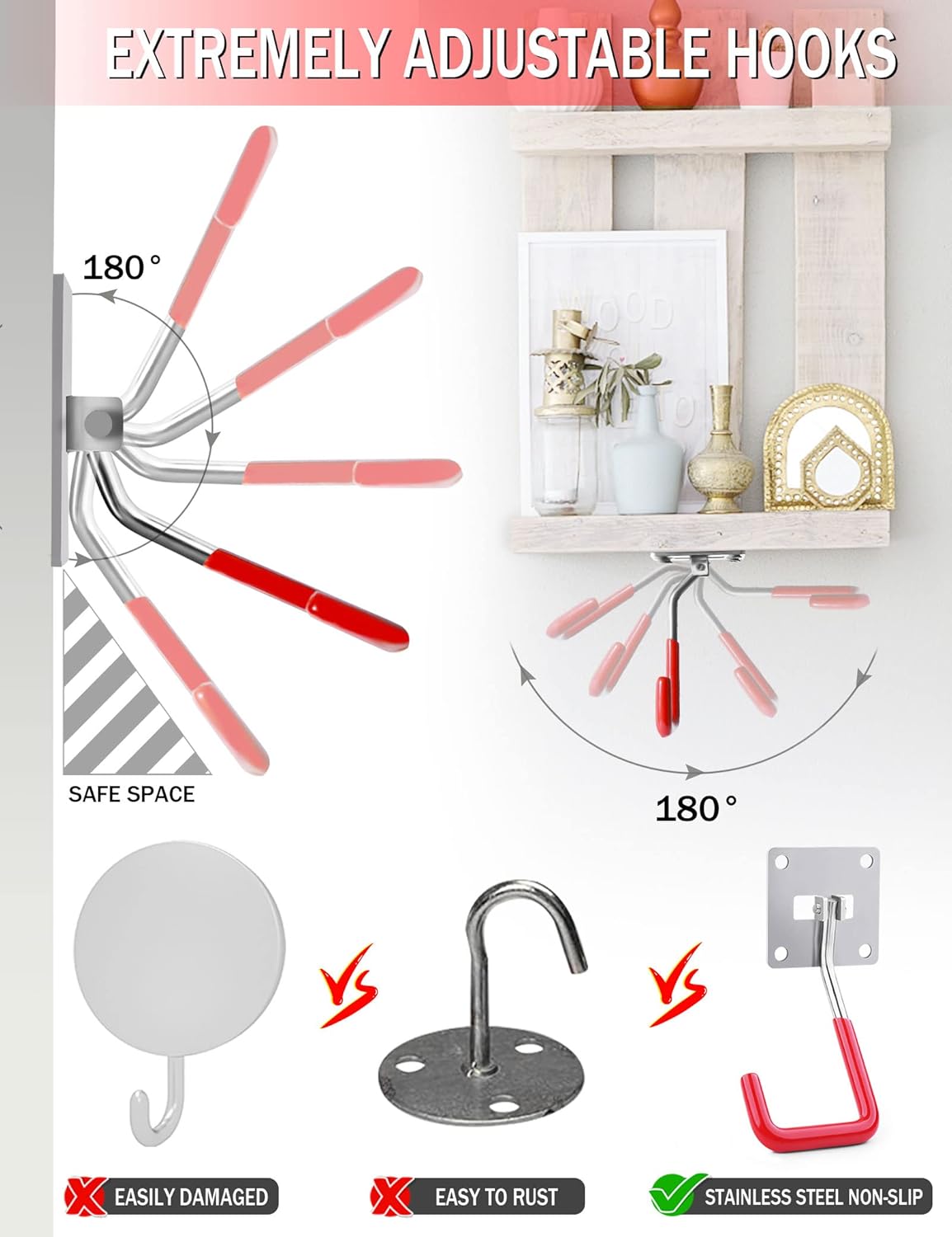 HAISHINE Garage Hooks, 2 Pack Adjustable Hooks for Wall Storage, Stainless Steel Heavy-Duty Utility Hooks with Anti-Slip Coating Organizing for Chainsaws, Bike, Garden Tools(Screws and Dowels Include)