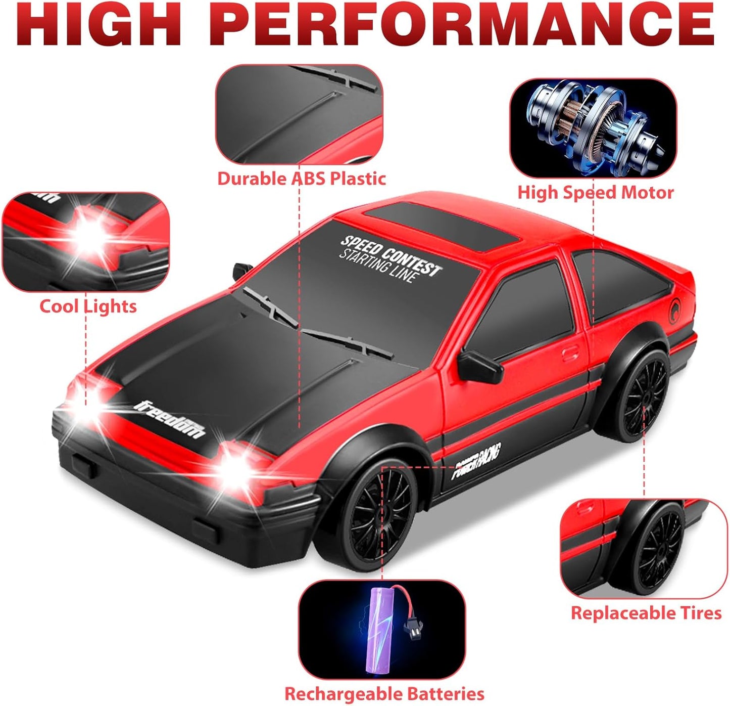 RC Drift Car, 1:24 Remote Control Cars 2.4GHz 4WD High Speed Drift RC Cars with LED Light and Dritfing Tires Racing Hobby Toy Car for Boys Girls Kids Adults (Red)