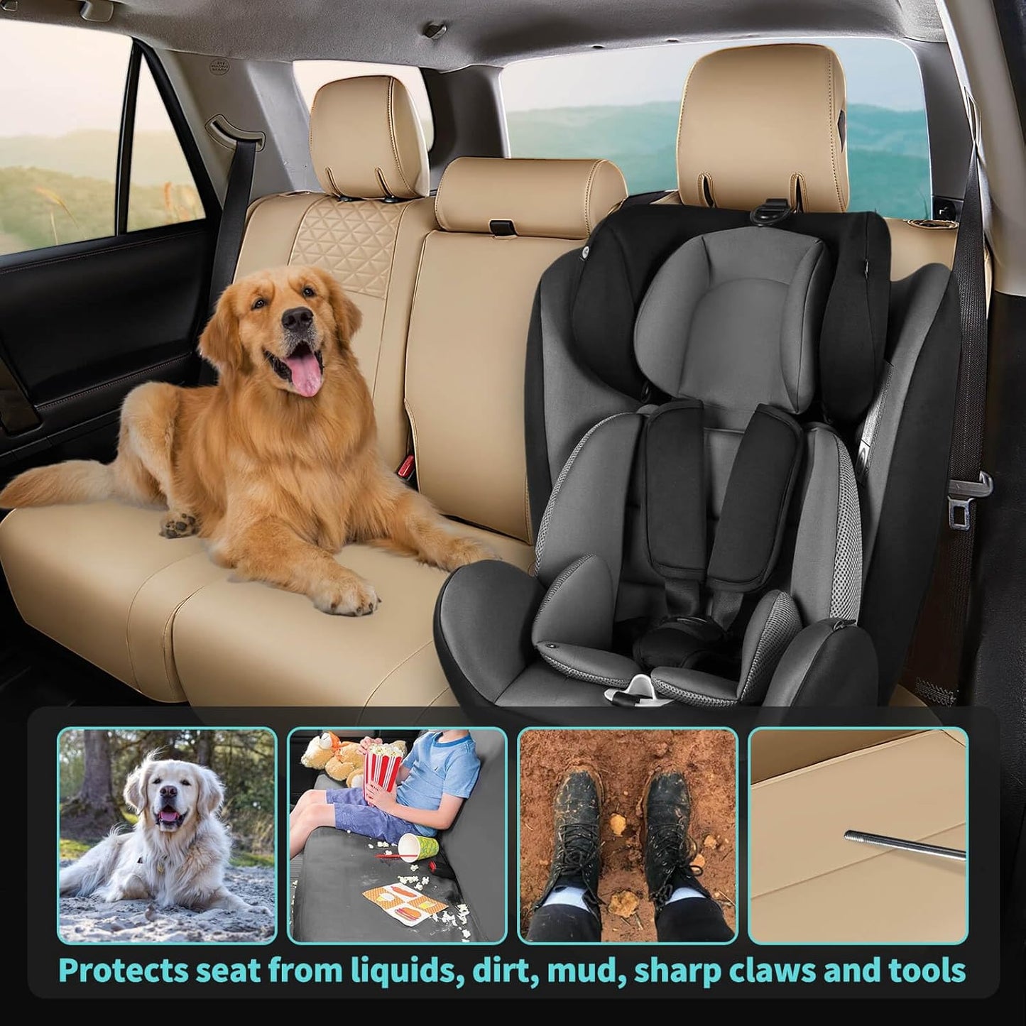 Seat Covers for Toyota 4Runner 2011-2024, Faux Leather Car Seat Cover Full Set, 3-Row-Only for 7 Seats Version-Beige