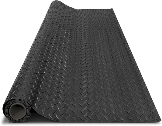 4x8FT Garage Floor Mat, 2.8mm Thickened Flooring Roll for Under Car, Golf Cart Parking Mat, Diamond Plate PVC Rubber Motorcycle Mat, Non-Slip Floor Protector for Garage Warehouse Trailer, Black