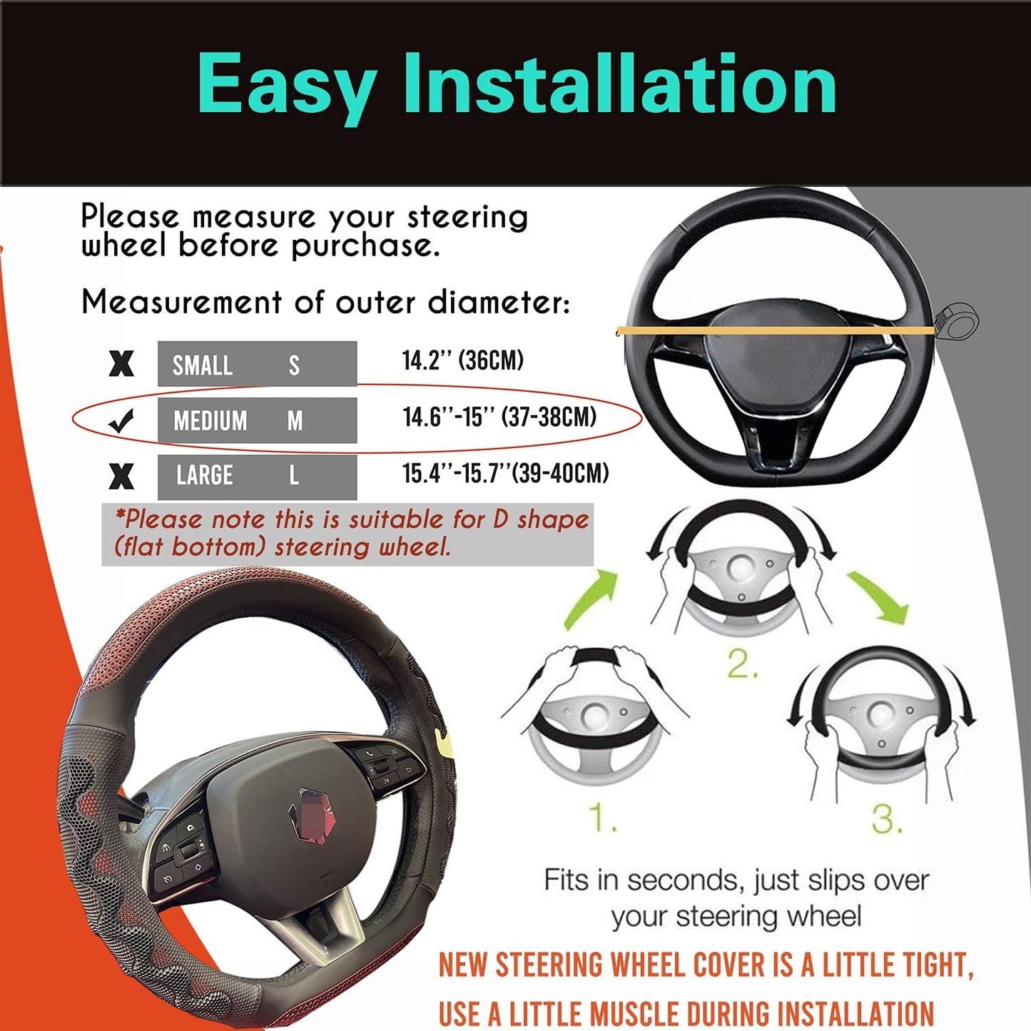 PINCTROT D Shaped 14.5-15 Inch Steering Wheel Cover Great Grip with 3D Honeycomb Anti-Slip Design, Flat Bottom 14.5-15 Inch (Wine Red)