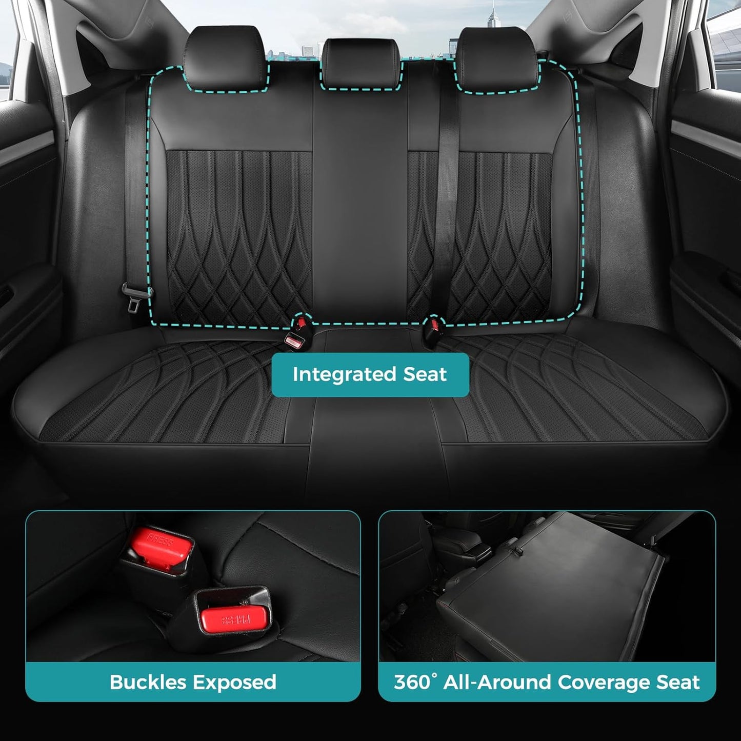 Seat Covers for Honda Civic Sedan 4DR Sedan LX 2022 2023 2024 2025.Faux Leather Car Seats Cover Full Set,(Rear Row Solid Folding Backrest)-Black