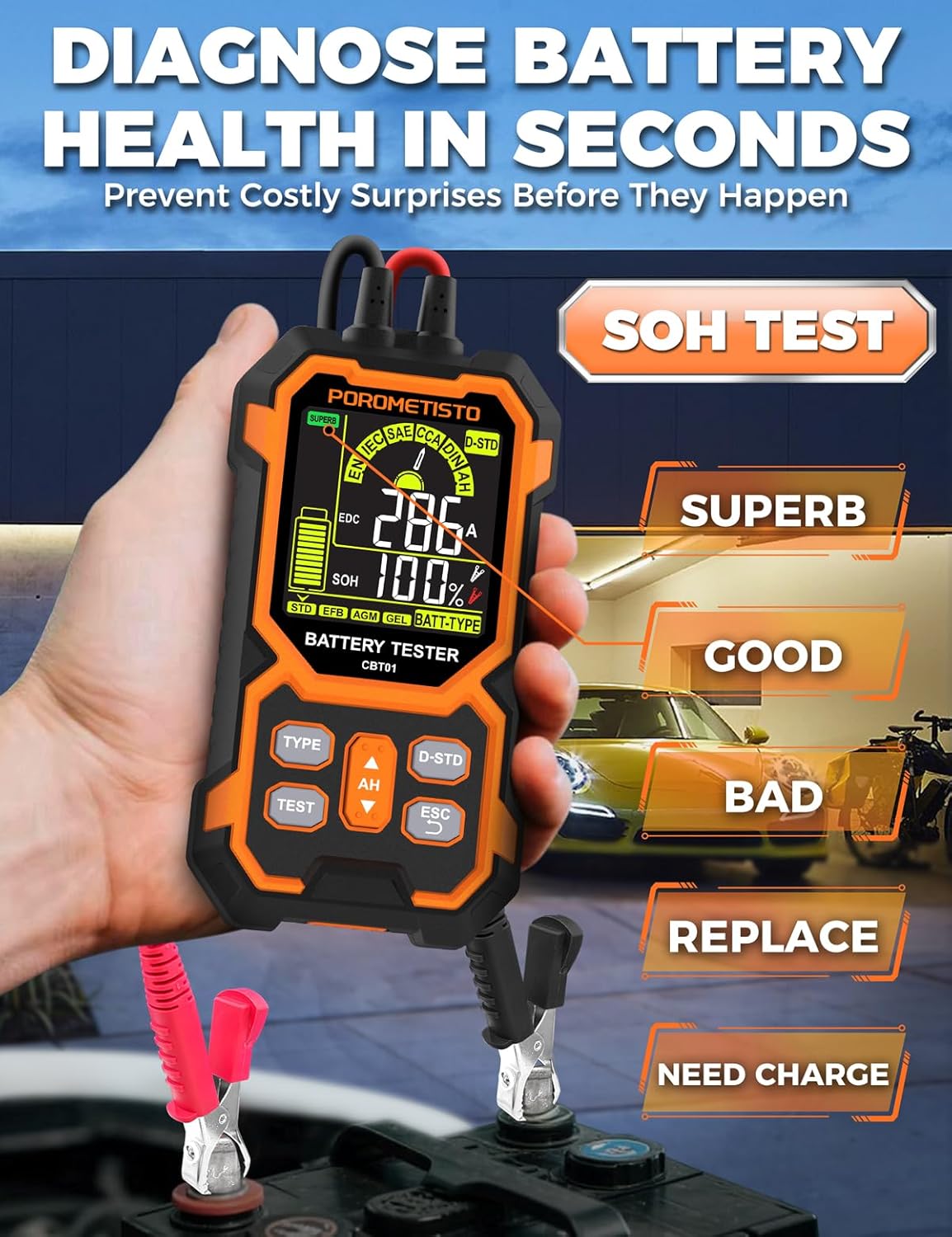 12V 24V Car Battery Tester, POROMETISTO CBT01 Automotive Battery Checker, Auto Battery Voltage Internal Resistance Tester, Battery Analyzer Tester for Car Truck Motorcycle SUV Boat ATVs RVs