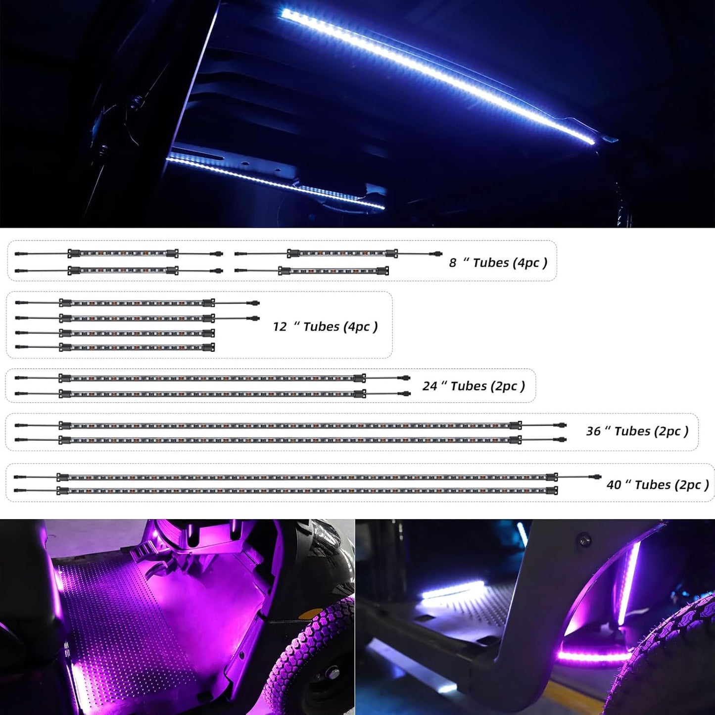 Roykaw Golf Cart Underglow LED Strip Lights Accent Neon Lighting Kit w/Canopy, Wheel Well & Interior Lights for EZGO Yamaha Club Car, Million Colors/Waterproof IP68/Sync to Music, Fits 12V-80V, 14PCS