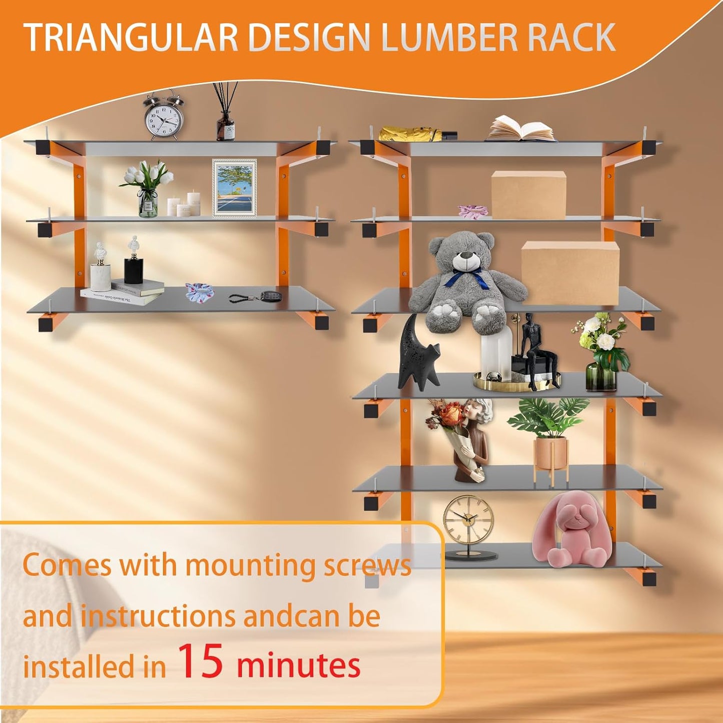6 Pack Wall-Mounted Lumber Rack, Heavy Duty Wood Storage Racks, 9-Level System Garage Shelving, 1980 LBS Capacity Hanging Organizer Shelves, Orange Brackets Utility Metal Shelf for Indoor and Outdoor