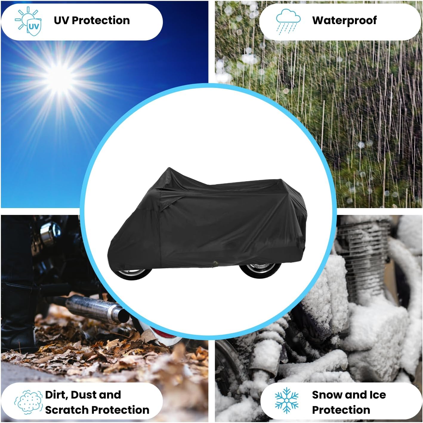 Deluxe Motorcycle Cover, Waterproof All Weather Outdoor Protection Universal Motorcycle Cover, Fade & Tear Proof Polyester fits Motorbike up to 110" L