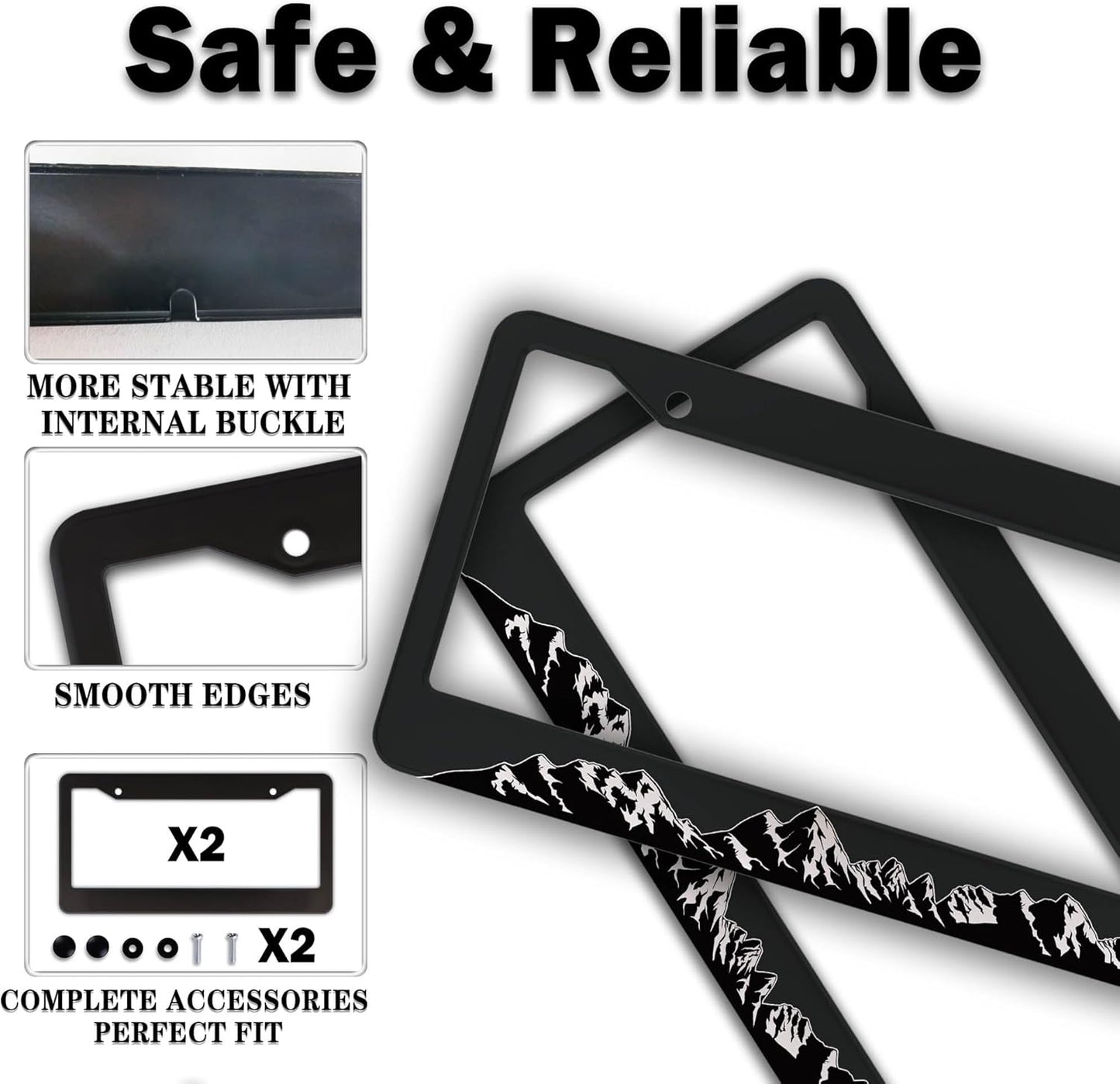 License Plate Frames for Men Black and White License Plate Frame for Women Mountains Aluminum Metal Car Accessory 2 Pack with Screw Covers Set