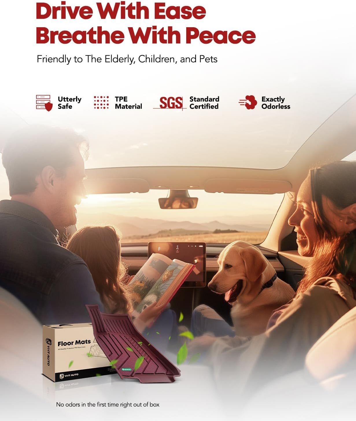 YHTAUTO Custom Fit Red Car Floor Mats for Tesla Model Y 2025-2020 5 Seater, All Weather TPE Car Mats Carpet, Front Rear Trunk Cargo Storage Liner Mats, Anti-Slip Waterproof, Set of 6