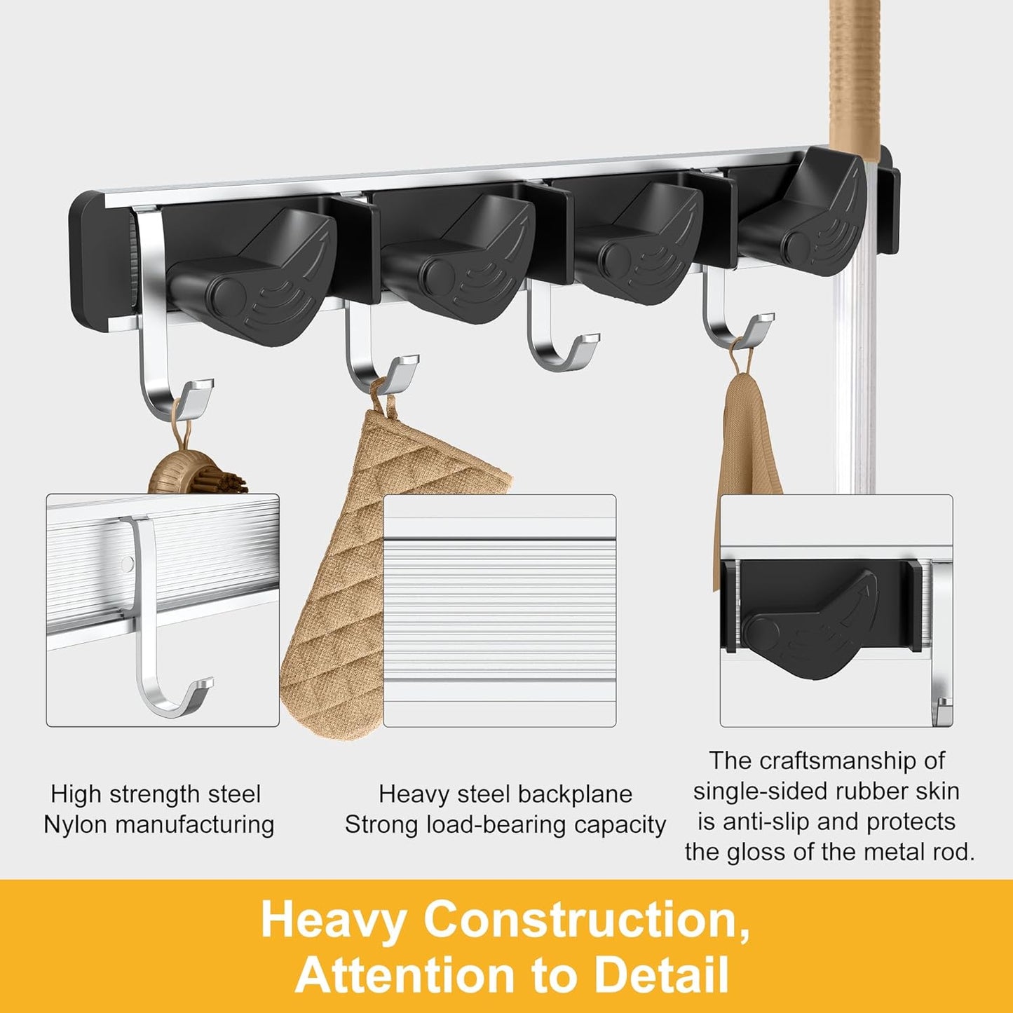 2-Pack Metal Mop Broom Holder Wall Mount - 4 Slot Tool Organizer with Rubber Grips for Kitchen, Garden, and Home Storage