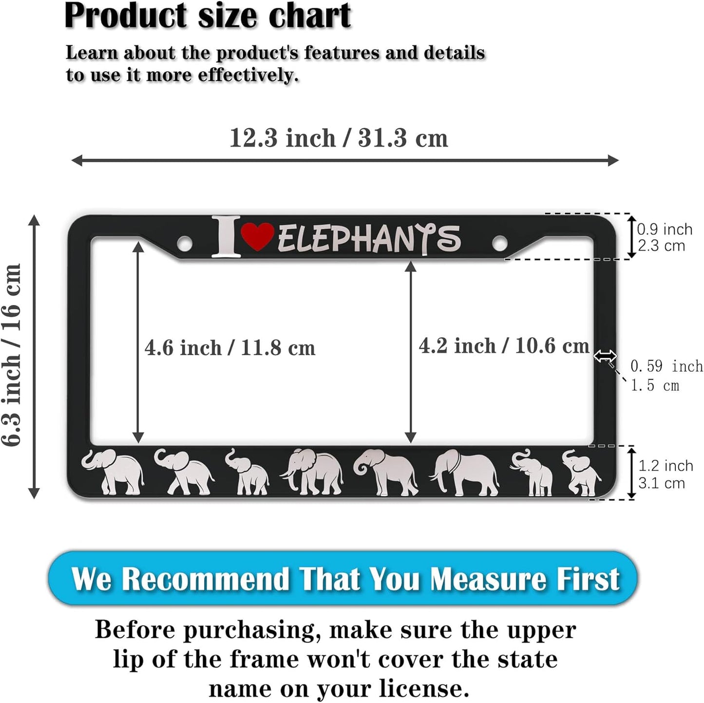 License Plate Frames Black and White Fun License Plate Frame Cover I Love Elephants Universal Aluminum Car Accessory 2 Pack with Screw Covers Set