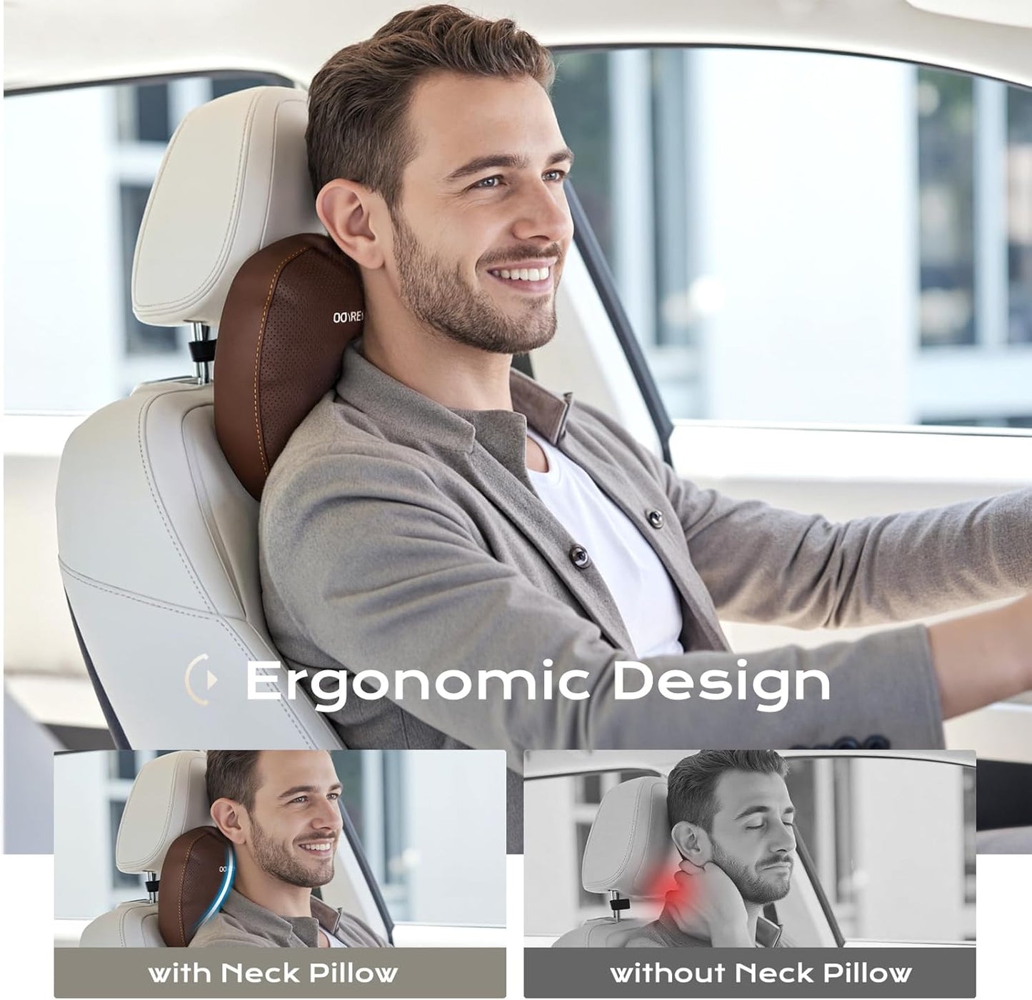 Coverado Leather Car Headrest Pillow Car Neck Pillow with Adjustable Strap, Head Support Rest Driver Relax Head Muscles Relieve Driving Fatigue, Breathable & Removable Cover, Coffee