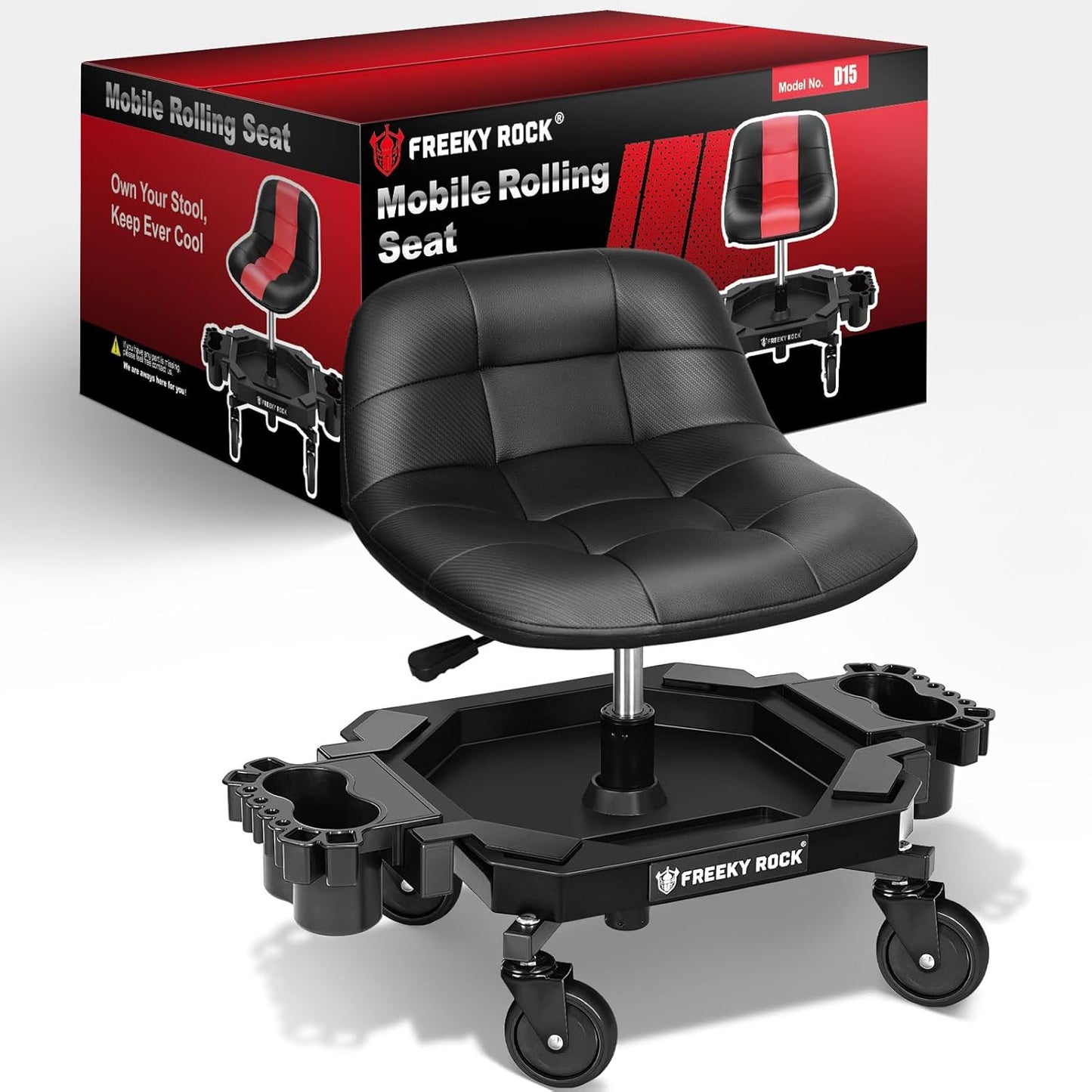 Rolling Stool with Wheels, Adjustable Height Pneumatic Garage Work Mechanic Stool Seat with Backrest, 400 LBS Capacity 360° Swivel Mechanic Crepper Chair with Tool Tray Storage, Black