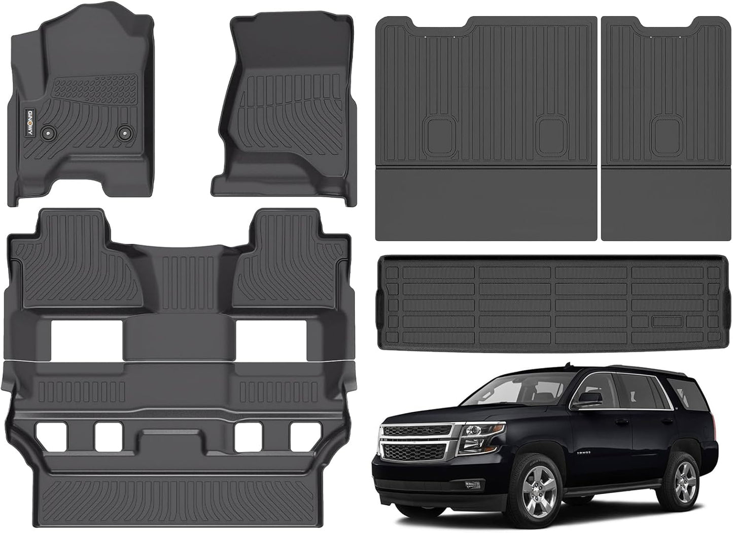 GINOWY- Floor Mats & Cargo Liner for Chevy Tahoe 2015-2020 & GMC Yukon (Only Bucket Seat), TPE All Weather Tahoe Car Floor Mats, Non-Slip Backrest Mat Waterproof Floor Liners Accessories Black