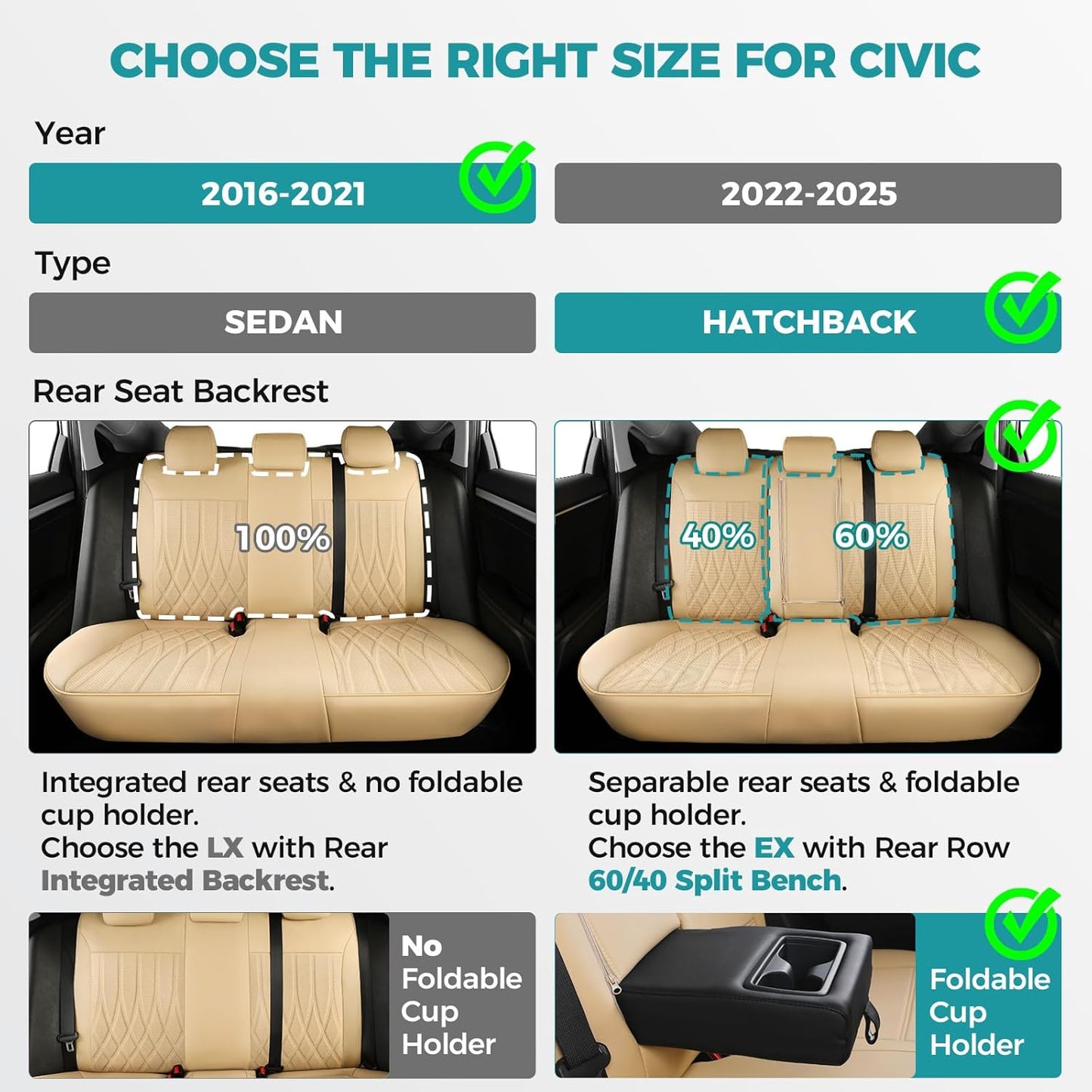 Seat Covers for Honda Civic Hatchback EX, Sport Touring, EXL 2016 2017 2018 2019 2020 2021, Faux Leather Car Seats Cover Full Set(Rear Row 40/60 Split & Folding Backrest)-Beige