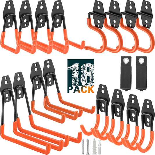 18 Pack Heavy Duty Garage Hooks, Utility Wall Mounted Storage System, with Anti-Slip Coating Hanger, for Hanging Power and Garden Tools, Ladders, Bikes, Ropes and Bulk Items