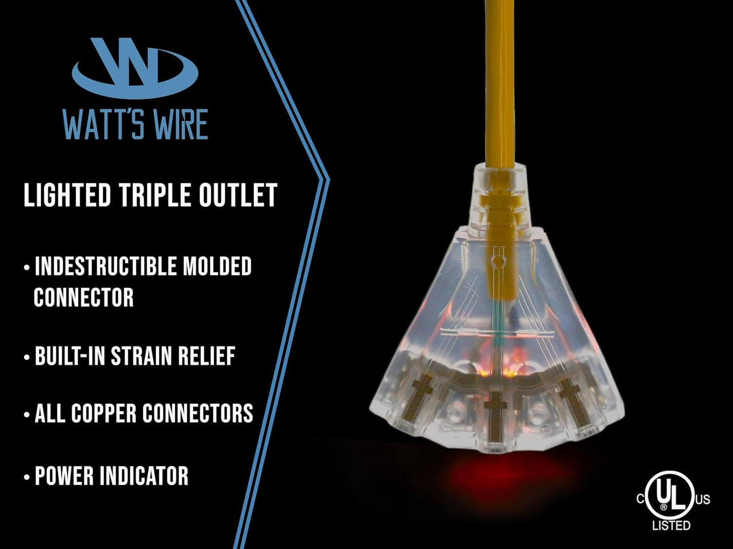 6 ft - 12 Gauge Heavy Duty Extension Cord - 3 Outlet Lighted SJTW - Indoor/Outdoor Extension_Cord by Watt's Wire - 6' 12-Gauge Grounded 15 Amp ExtensionCord Splitter