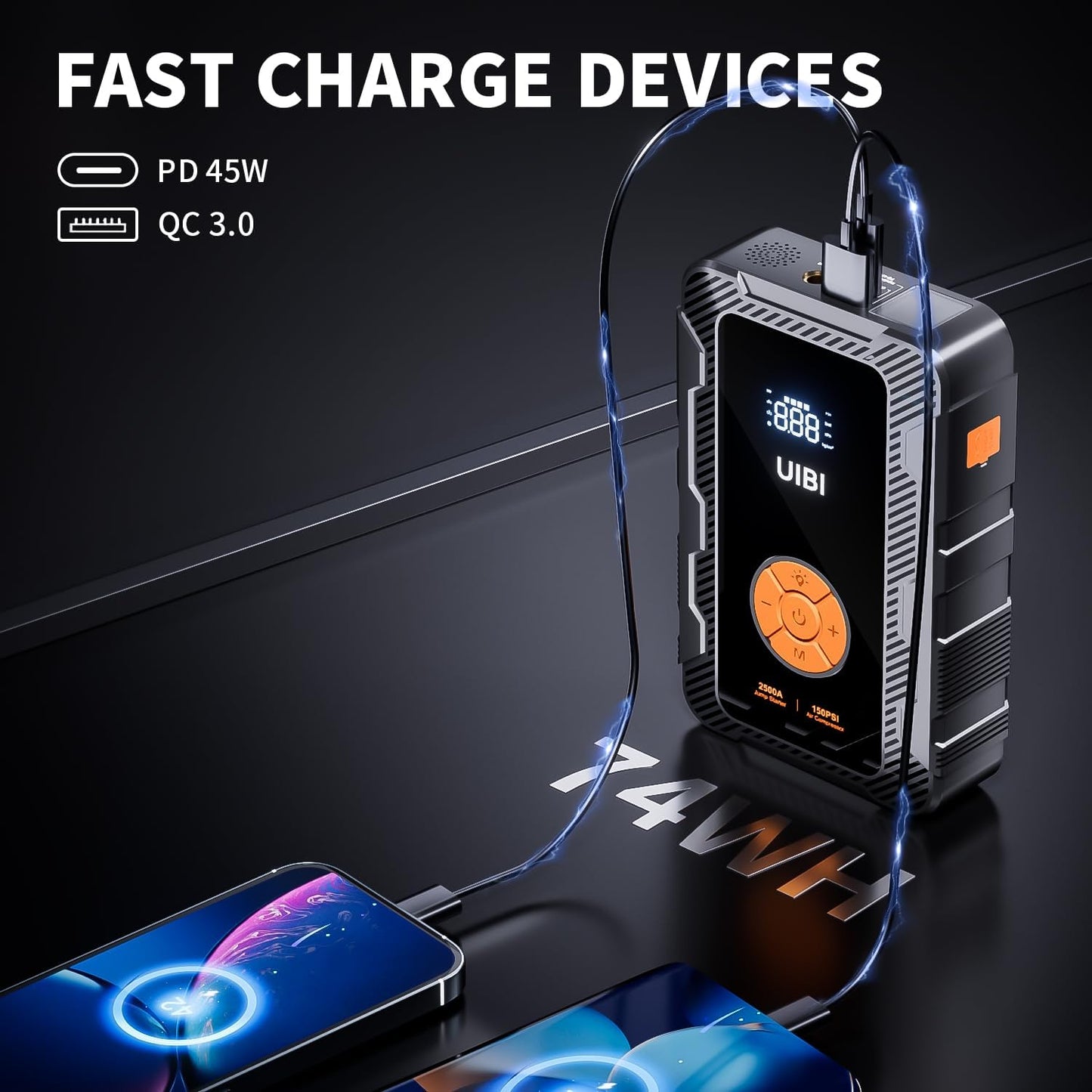 X6 Jump Starter with Air Compressor 150PSI, 2500A Car Battery Jumper Starter Portable Pack with TypeC45W, 20000mAh Tire Inflator 12V Jump Box Booster Charger Cables for 8.5L Gas 8L Diesel Engine