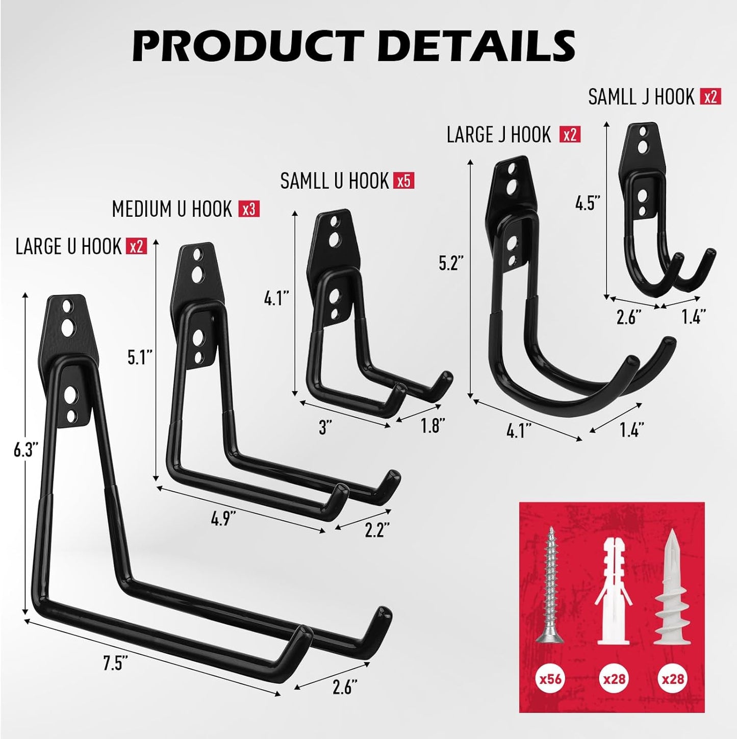 20 Pack Heavy Duty Garage Storage Hooks with Extension Cord Organizer, Solid Steel Wall Mount Hook Set with Anti-Slip Coating Utility J Hooks for Ladders,Bikes,Ropes,Broom,Garden,Yard and Power Tools