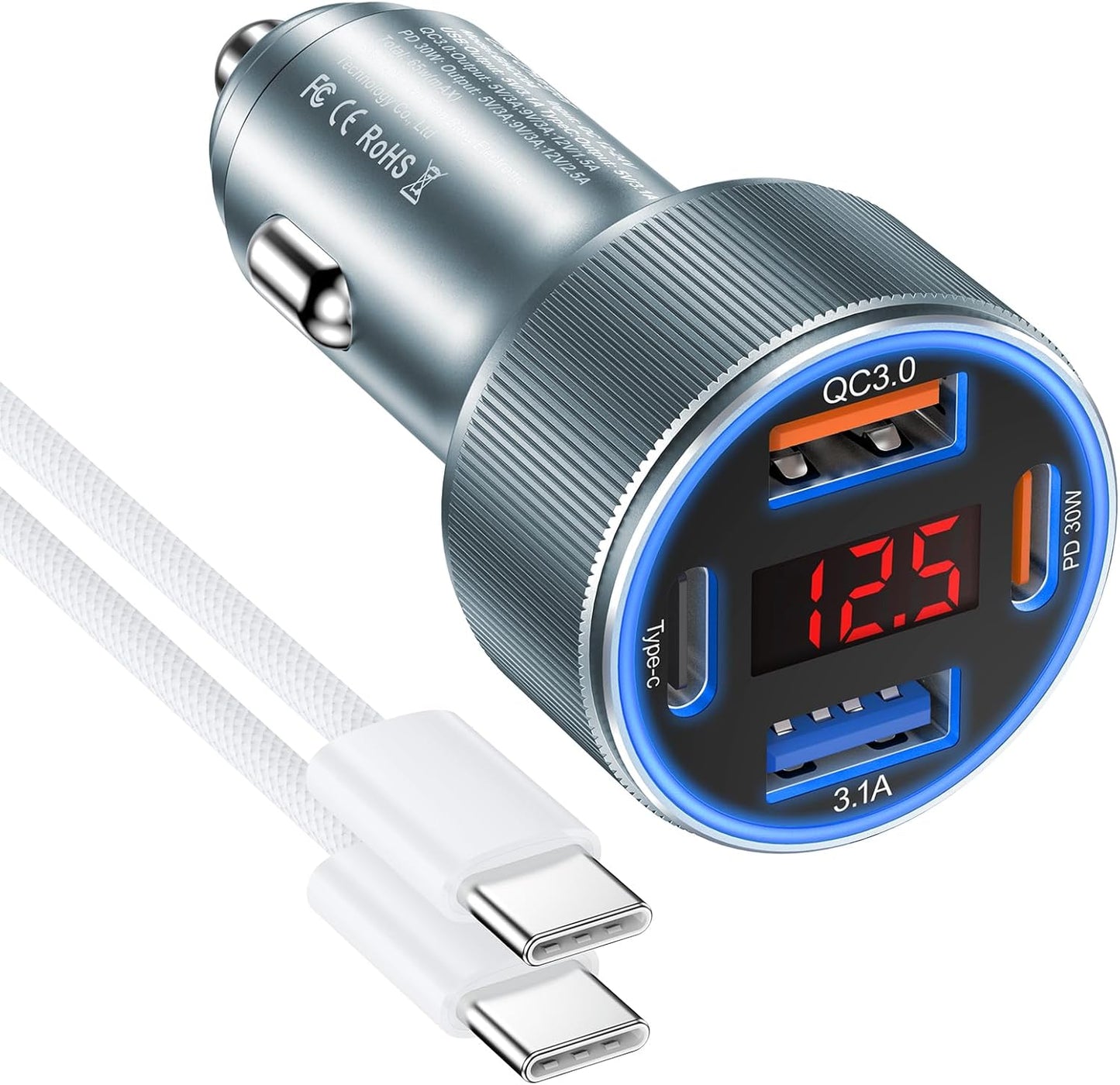 Car Phone Charger for iPhone 16 15, Besgoods USB C Car Charger Adapter 4 Ports with Voltmeter PD&QC Fast Charging Cigarette Lighter for Galaxy S25 S24 S23 A54 A15 Dash Cam, with 6ft USB C to C Cable