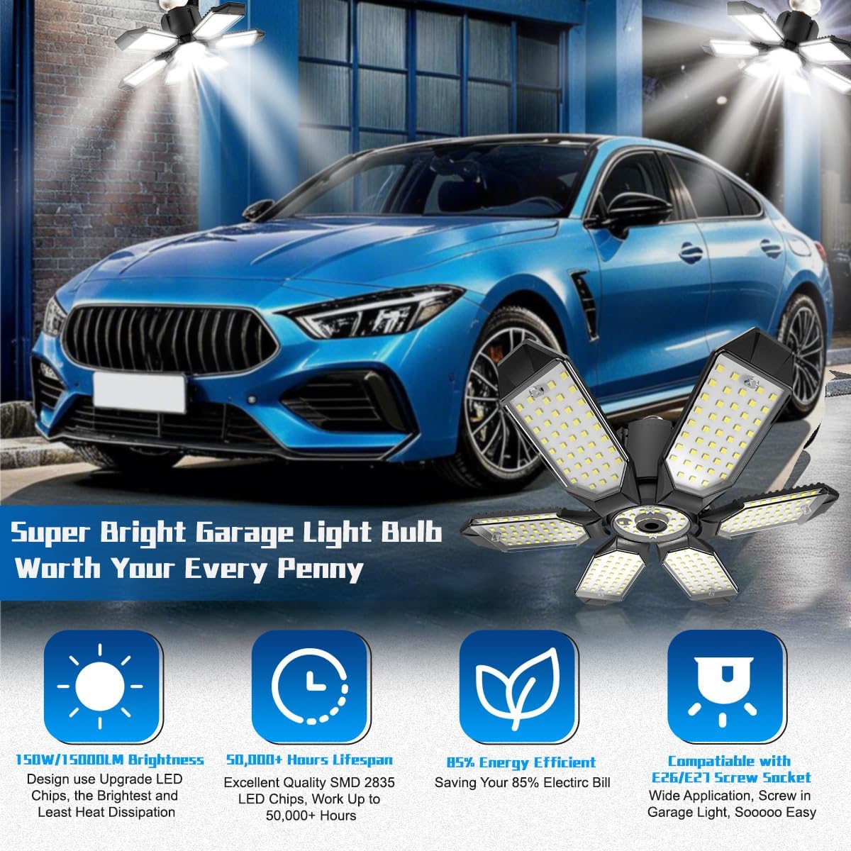 Garage Light - Super Brighter 15000LM Garage Light Bulb 150 Watt Equivalent Screw into E26 Socket w/ 6 Deformable Panels 6500K Led Shop Lights for Base Basement Workshop Warehouse Attic