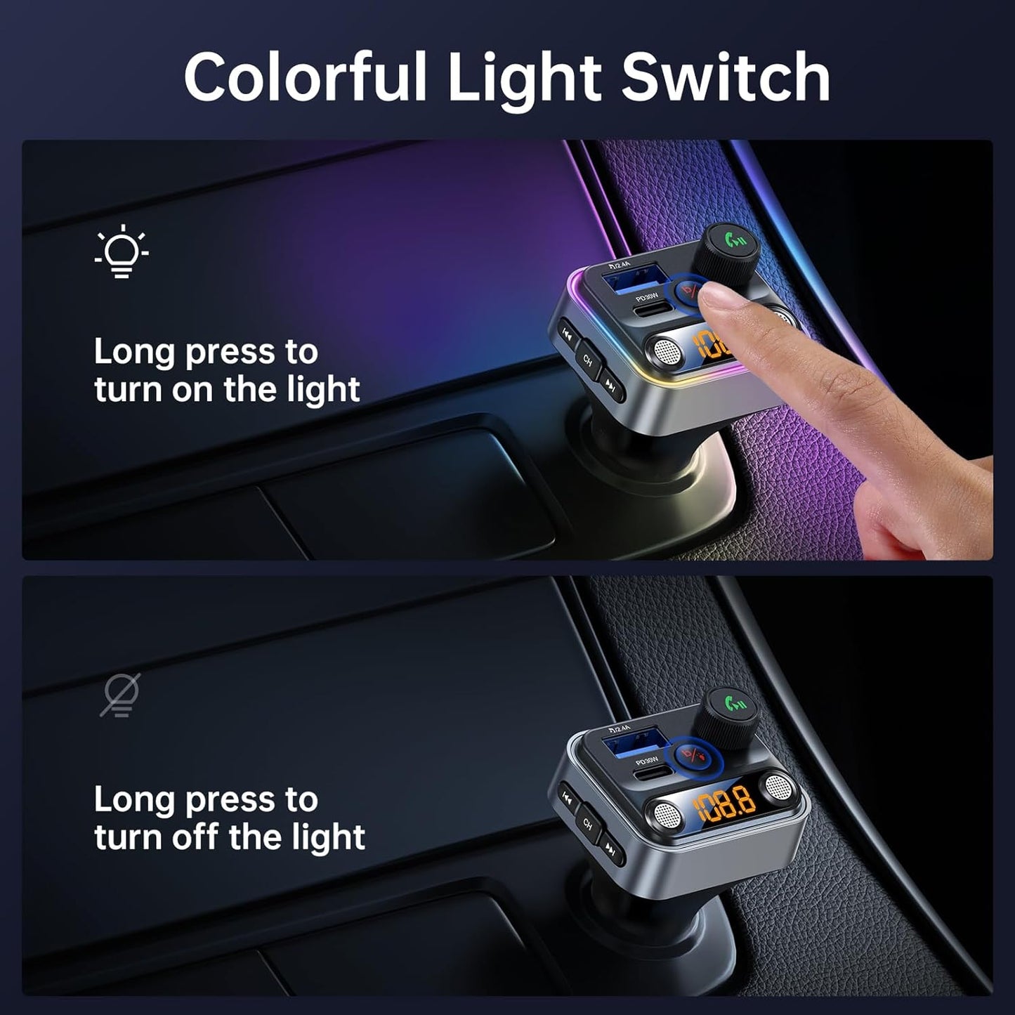 Syncwire Bluetooth 5.4 FM Transmitter Car Adapter 42W [Light Switch] [Stronger Dual-mic] [HiFi Bass Sound] [Fast Charging] Wireless FM Radio Music Adapter Hands-Free Calling Support USB Drive, Silver