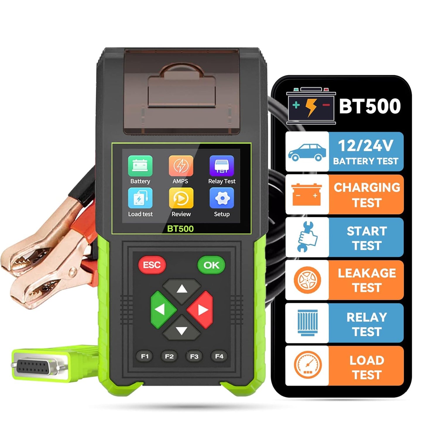 Automotive Battery Tester with Printer, 12V 24V Car Battery Load Tester and Alternator Tester, 20-2000 CCA Battery Capacity Tester, Relay Tester, Leakage Test for Heavy Duty Truck, BT500