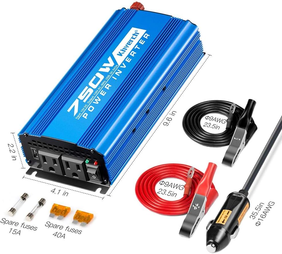 750 Watt Power Inverters DC 12V to 110V AC Converter with 2 AC Outlets and 2A USB Charging Port for Camping Car Power Inverter for Car Cigarette Lighter
