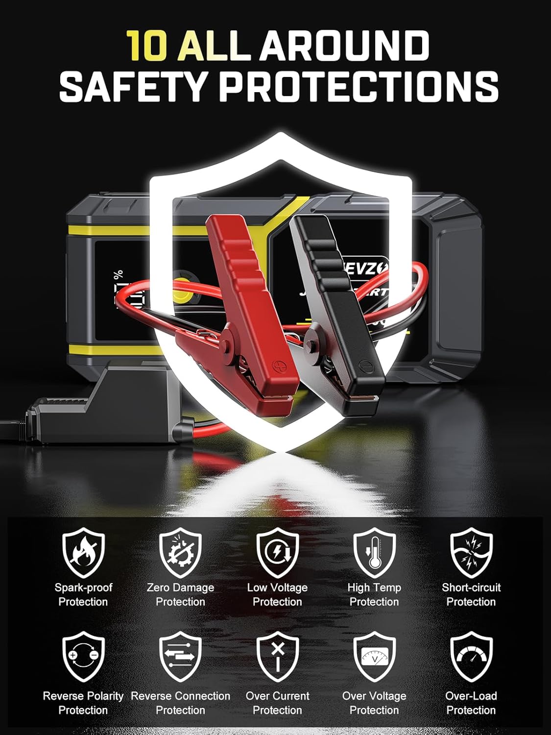 S ZEVZO H021 Car Jump Starter, Peak 5000A Jump Starter Battery Pack for Up to 10.0L Gas and 8.0L Diesel Engines, 12V Portable Jump Box with LCD Display, 3 Modes Flashlight and Protective Carrying Case