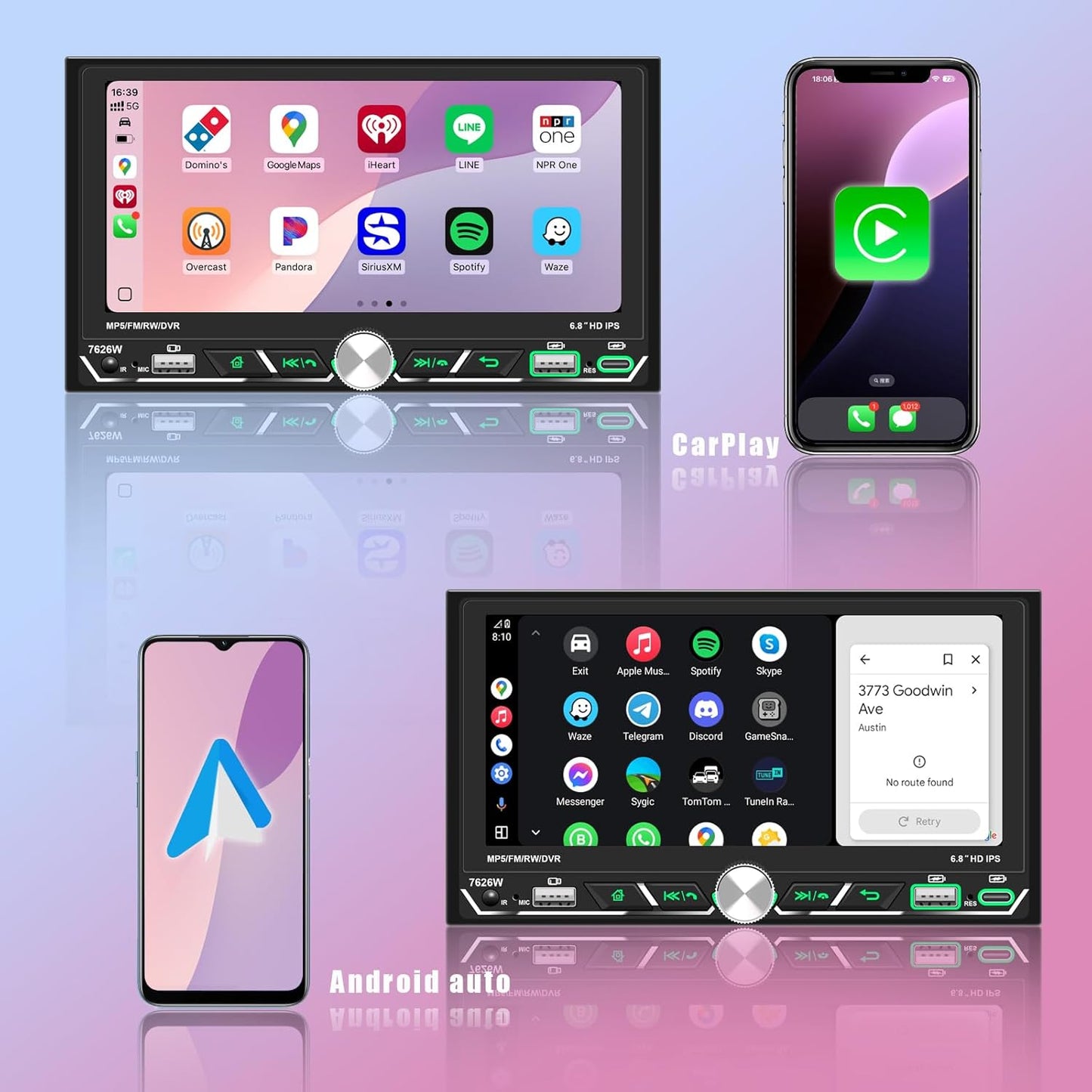 Wireless Apple CarPlay,Double Din Car Stereo,Bluetooth 5.2,FM AM Car Radio,HD 1280*600 Display,6.8" IPS Touchscreen,GPS Navigation,Android Auto,Backup Camera,MP5,Subwoorf,Type-C Fast Charging,Dual USB