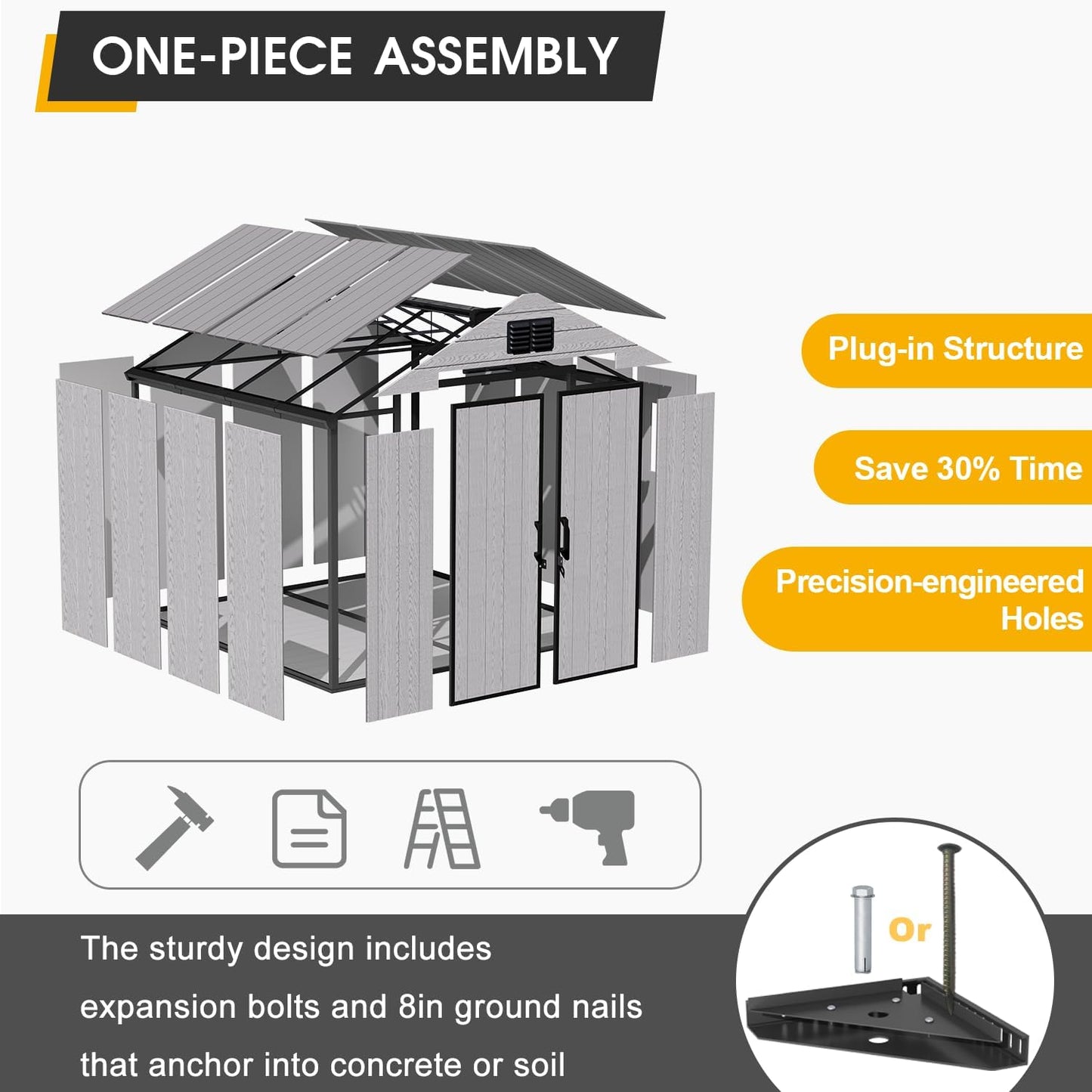 8 x 8 FT Resin Tool Shed, All-Weather Outdoor Storage Shed with Floor, Lockable Doors & Windows, Plastic Garden Shed for Poolside, Backyard, Patio