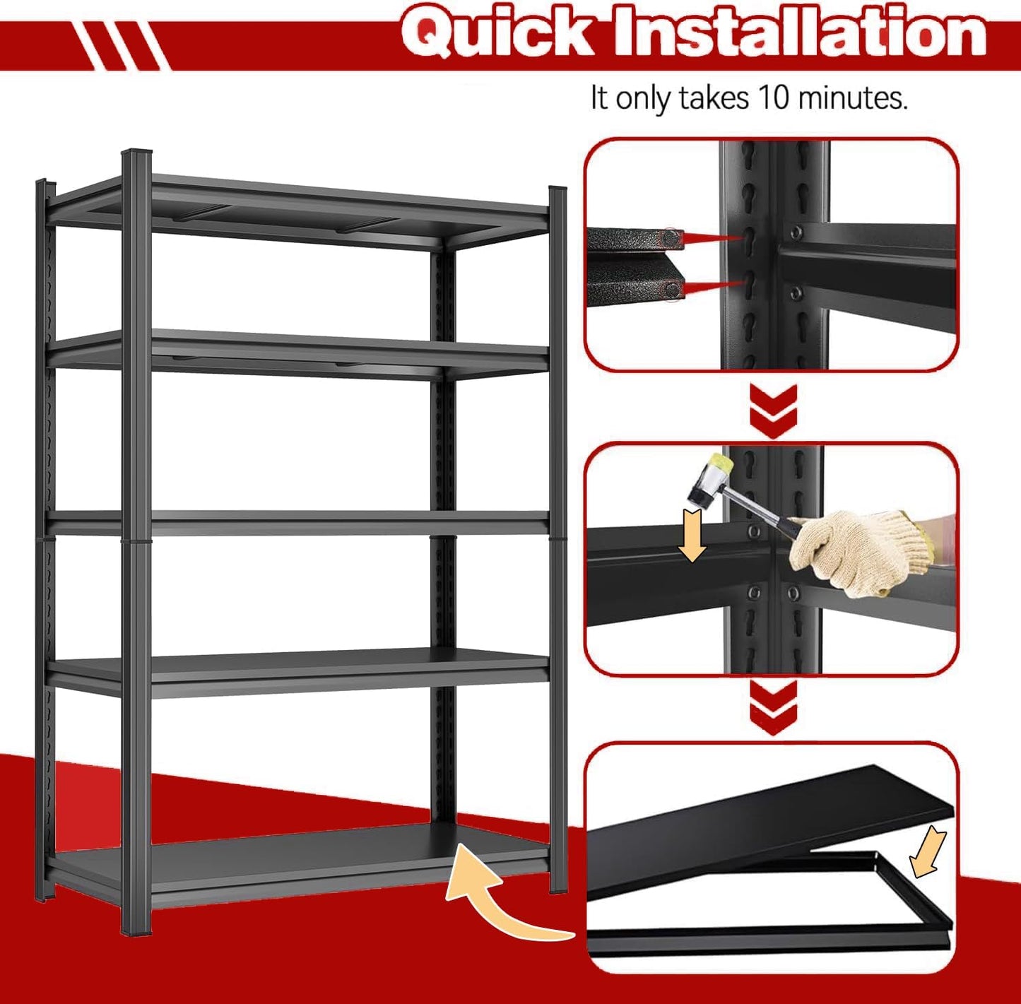 Metal Garage Shelving Unit 2500LBS Heavy Duty Storage Shelves 4 Tier Adjustable Shelving Unit Metal Shelving for Kitchen Warehouse Pantry Basement, 63" H x 39.4" W x 17.7" D, Black