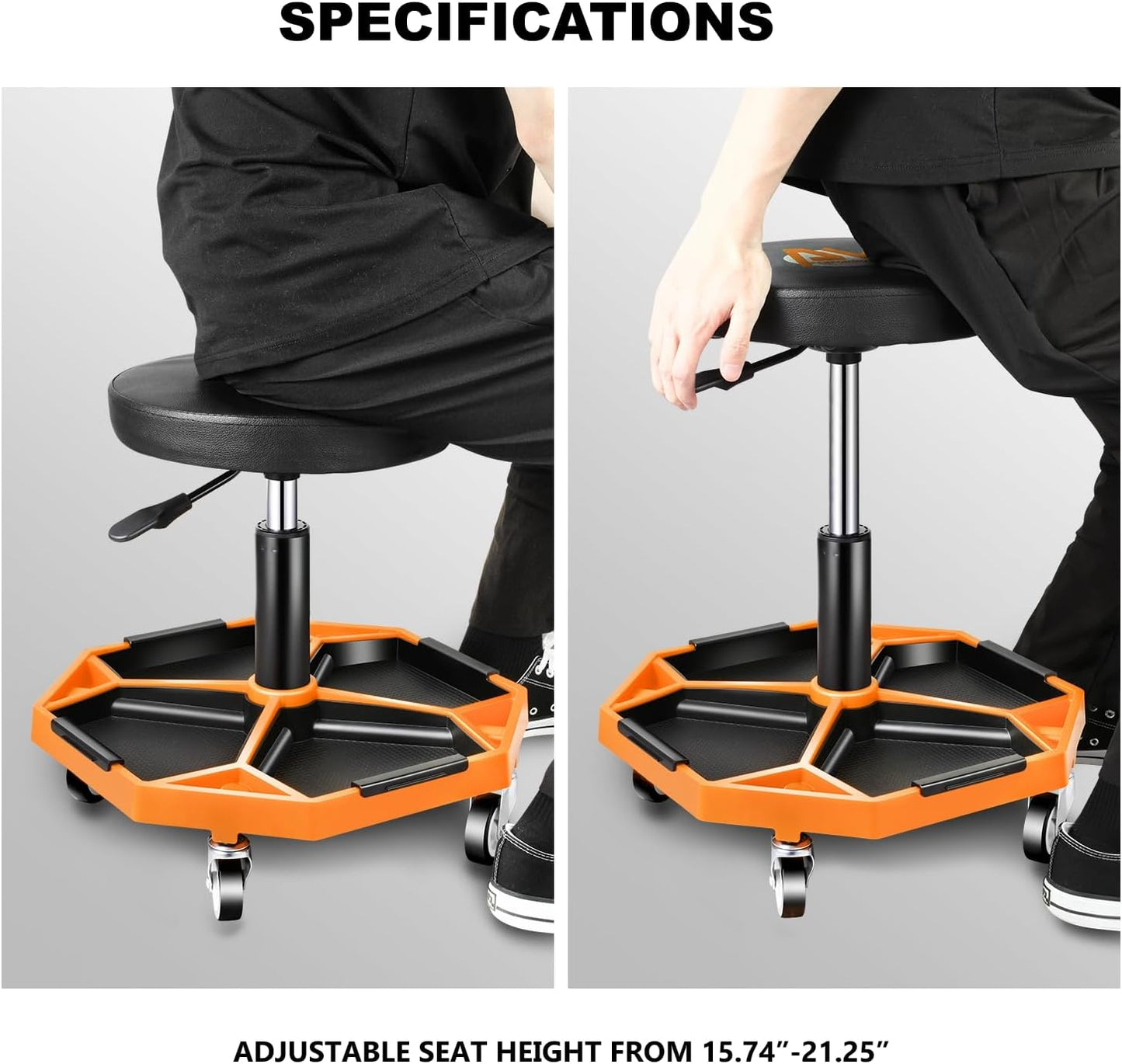 PM PERFORMOTOR Adjustable Height Pneumatic Garage Seat Rolling Mechanic Stool with Tool Tray Storage,300lbs Max Weight Capacity, Orange,PM-TOL-ATS-OG